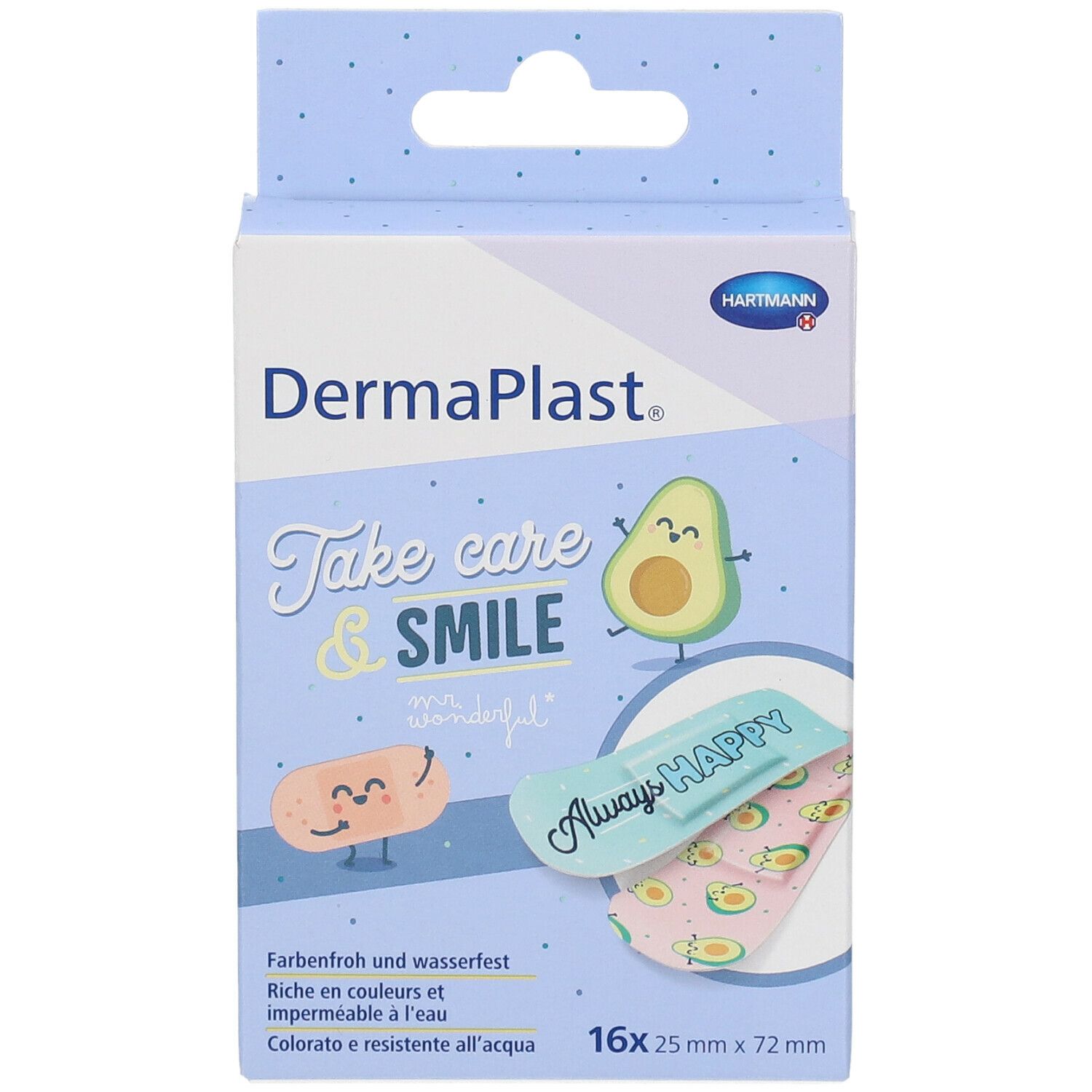 DermaPlast Pflasterverpackung. Aufdruck: Take care & SMILE, Avocado-Illustrationen. 16 Stück, 25 x 72 mm. Hartmann Logo.