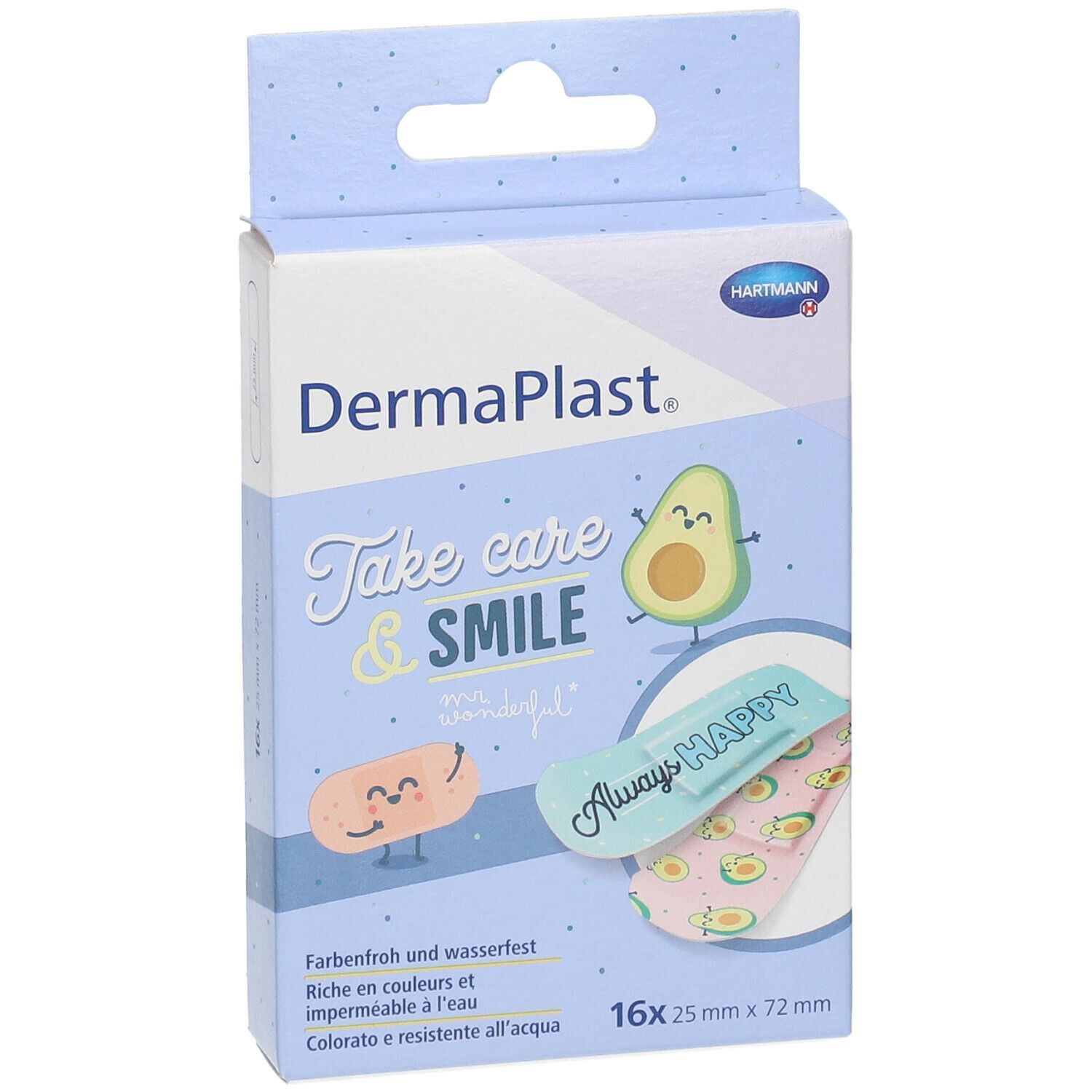 DermaPlast Pflasterverpackung. Aufdruck: Take care & SMILE, Avocado-Illustrationen. 16 Stück, 25 x 72 mm. Hartmann Logo.