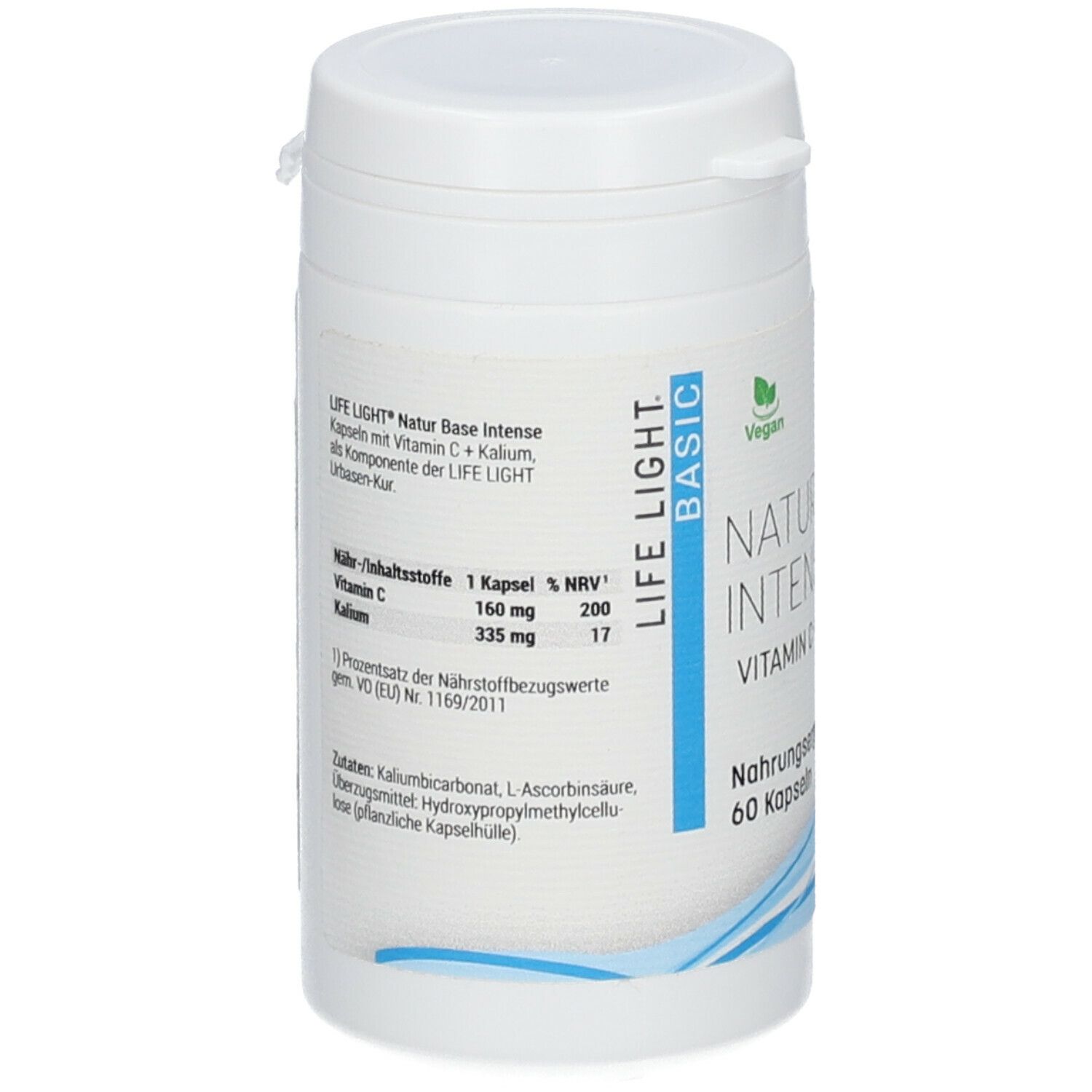 Weiße Dose mit Deckel. Beschriftung: NATUR BASE INTENSE, Vitamin C + Kalium. Nährwerttabelle. Vegan-Siegel.