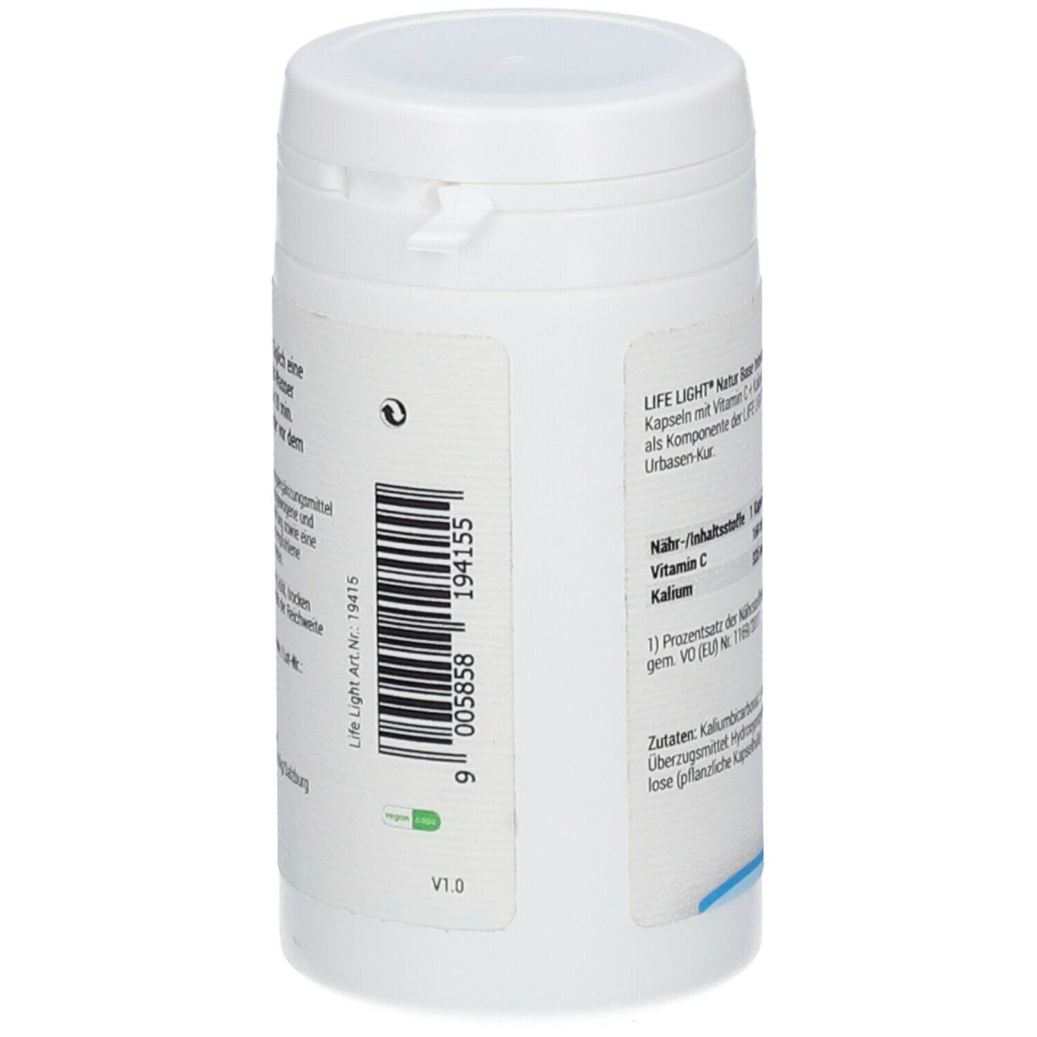 Weiße Dose mit Deckel. Barcode und Text. Vegan-Siegel. Text: LIFE LIGHT Natur Base Intense.