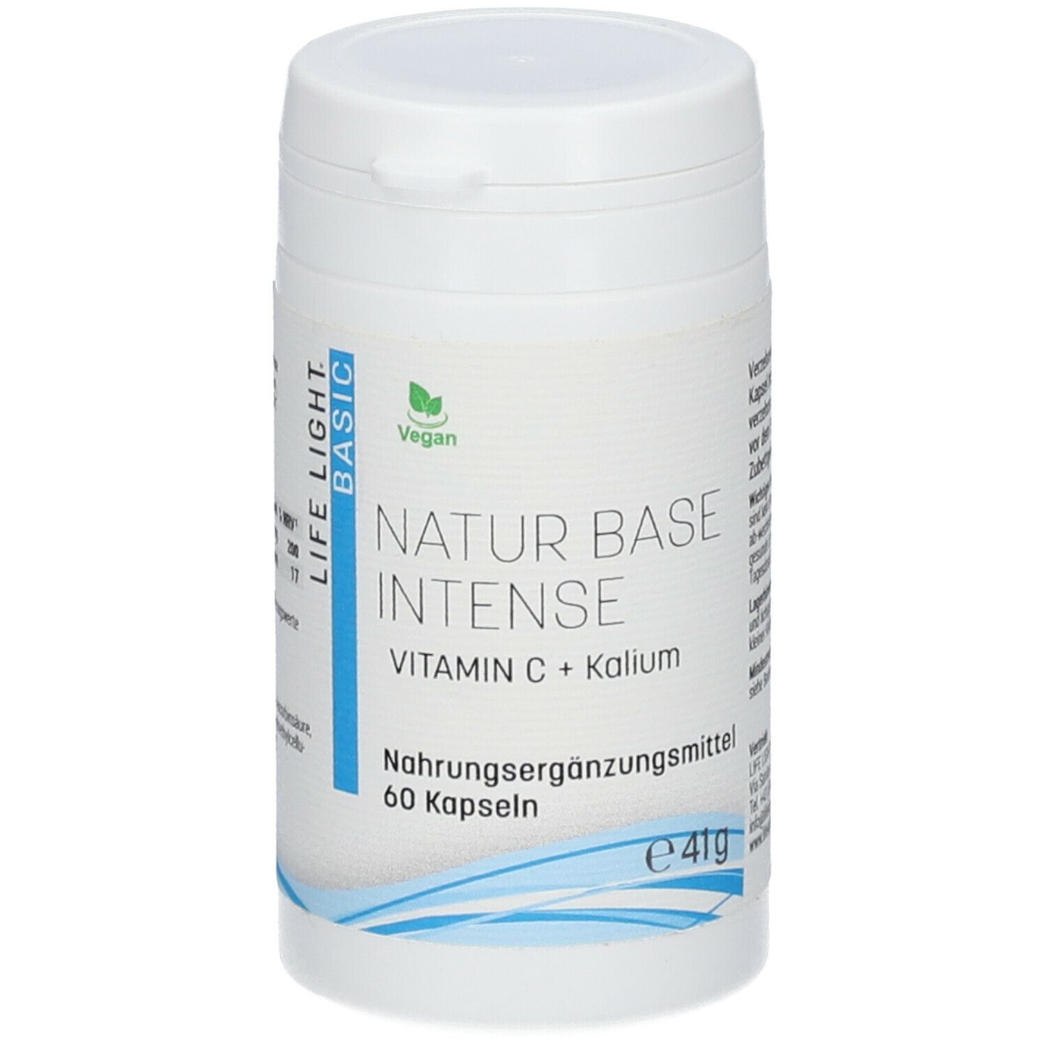 Weiße Dose mit Deckel. Beschriftung: NATUR BASE INTENSE, Vitamin C + Kalium, 60 Kapseln. Vegan-Siegel.
