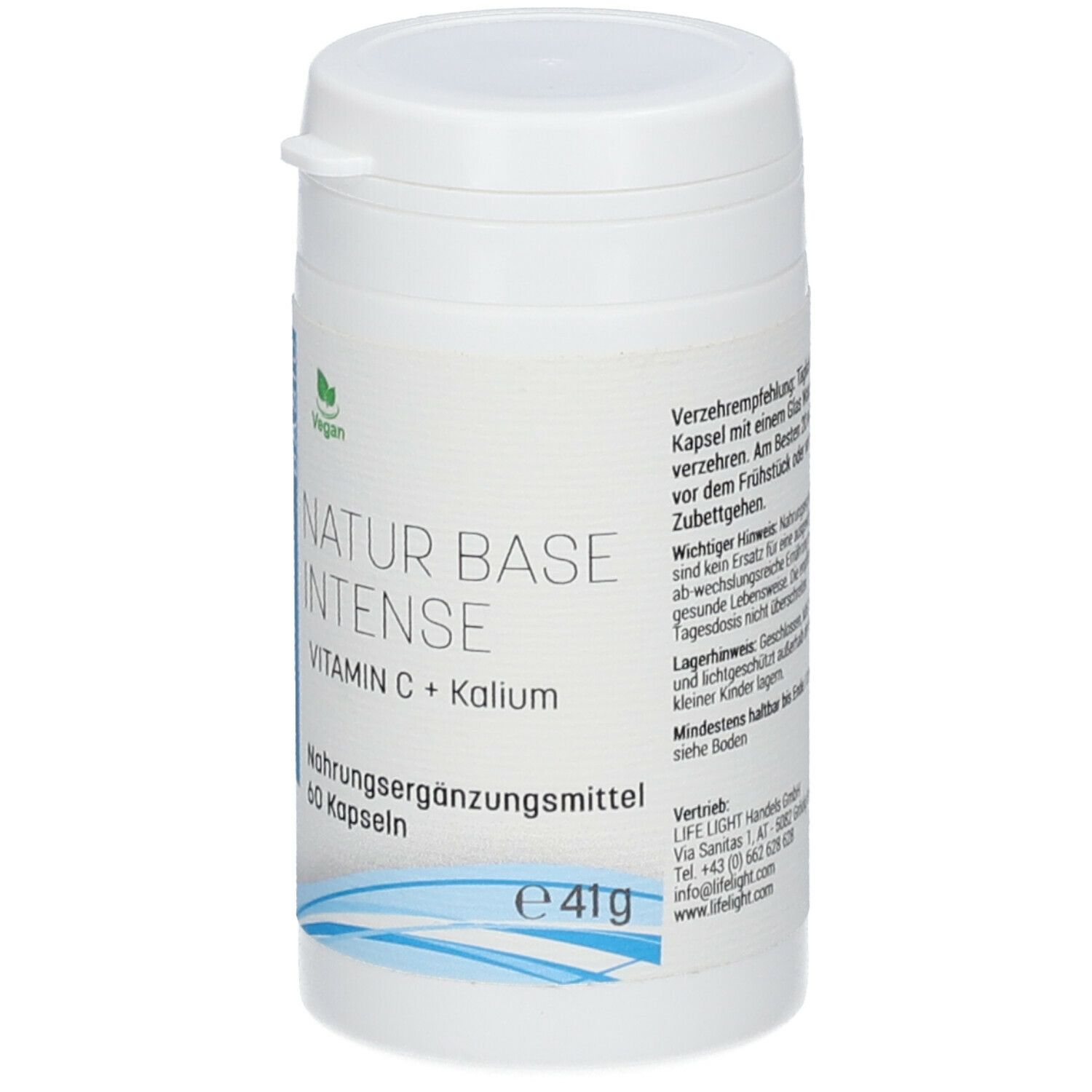 Weiße Dose mit Deckel. Beschriftung: NATUR BASE INTENSE, Vitamin C + Kalium, 60 Kapseln. Vegan-Siegel.