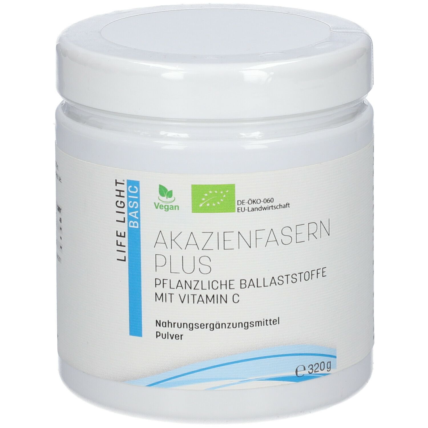 Weiße Dose mit Aufschrift AKAZIENFASERN PLUS, Vegan-Logo, EU-Bio-Siegel. Enthält Pulver. 320g.