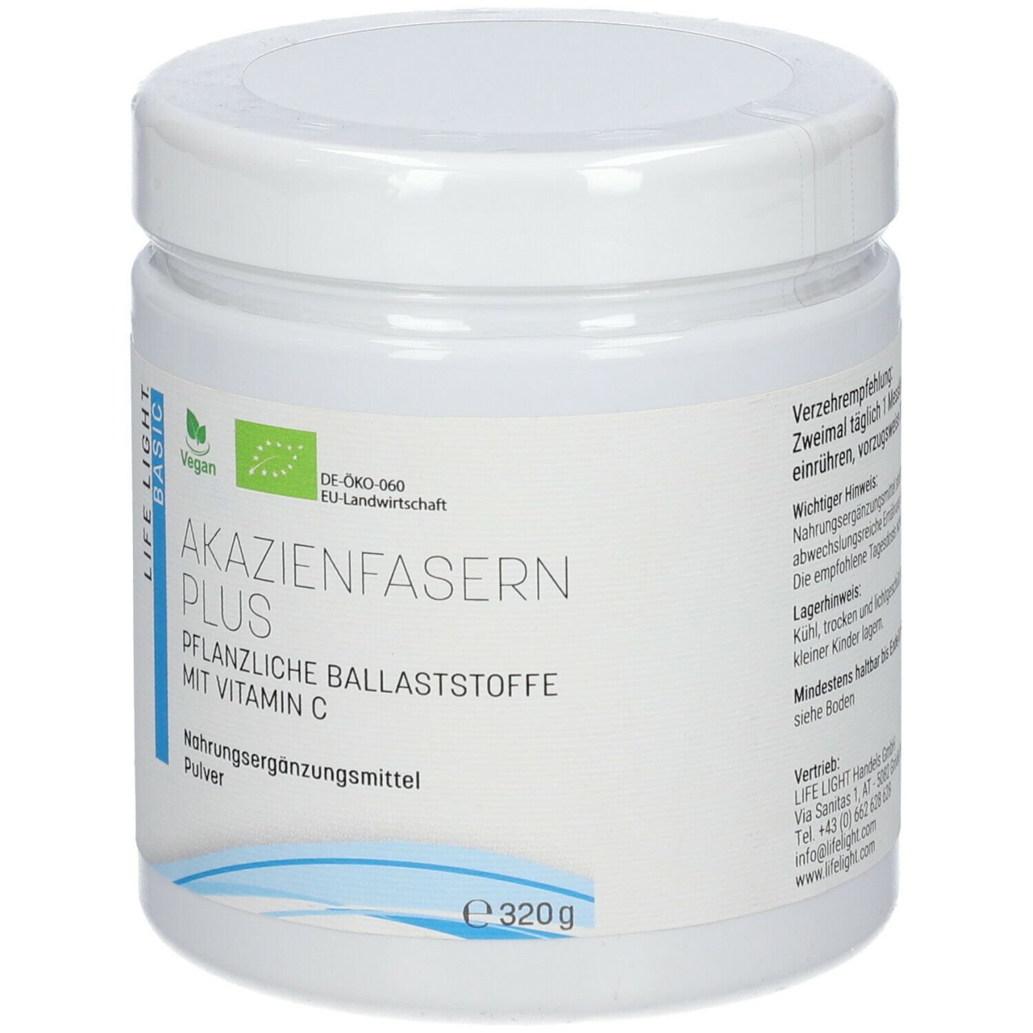 Weiße Dose mit Aufschrift AKAZIENFASERN PLUS, Vegan-Logo, EU-Bio-Siegel. Enthält Pulver. 320g.