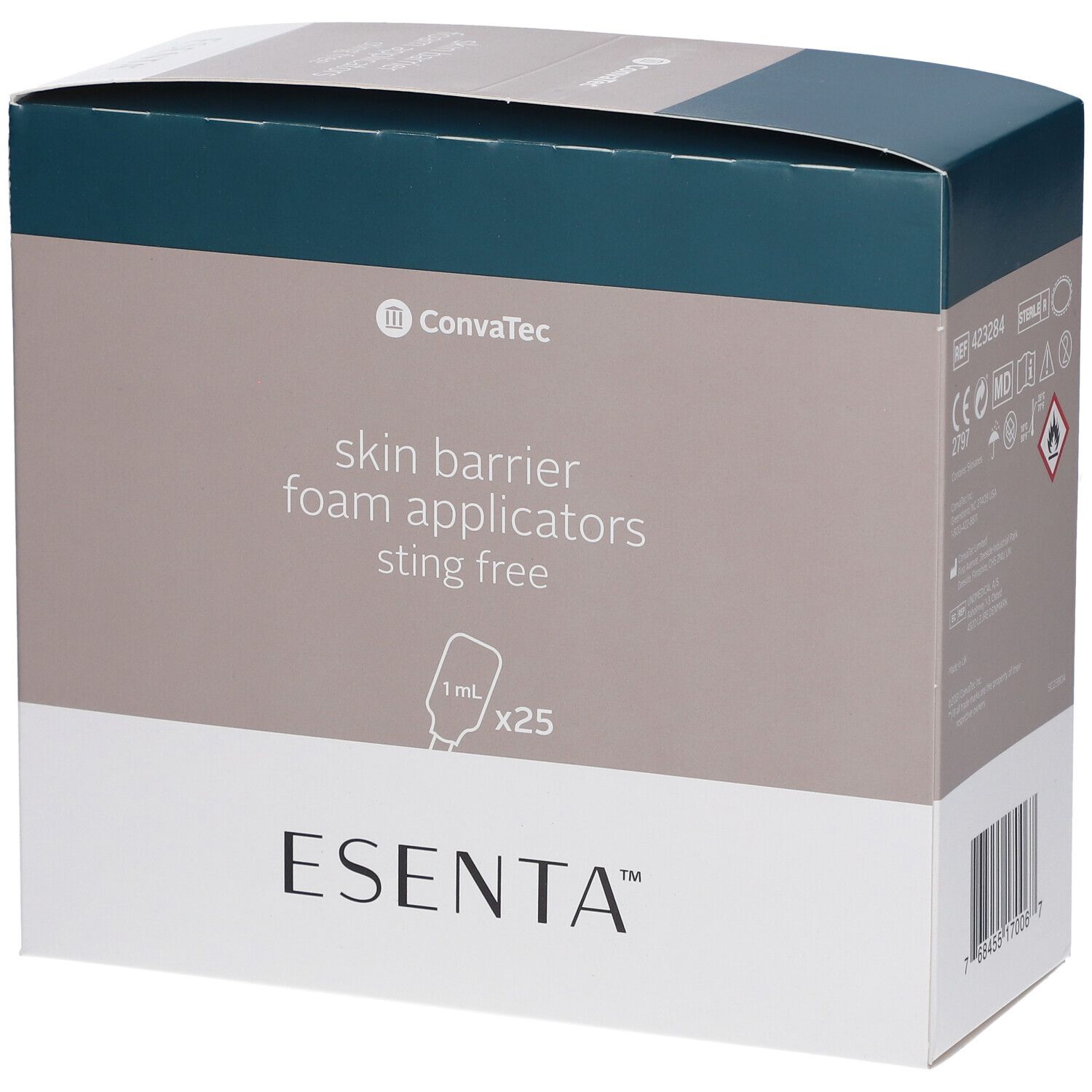 ESENTA Hautschutz Applikator-Box. Enthält 25 Applikatoren. Text: skin barrier foam applicators sting free.