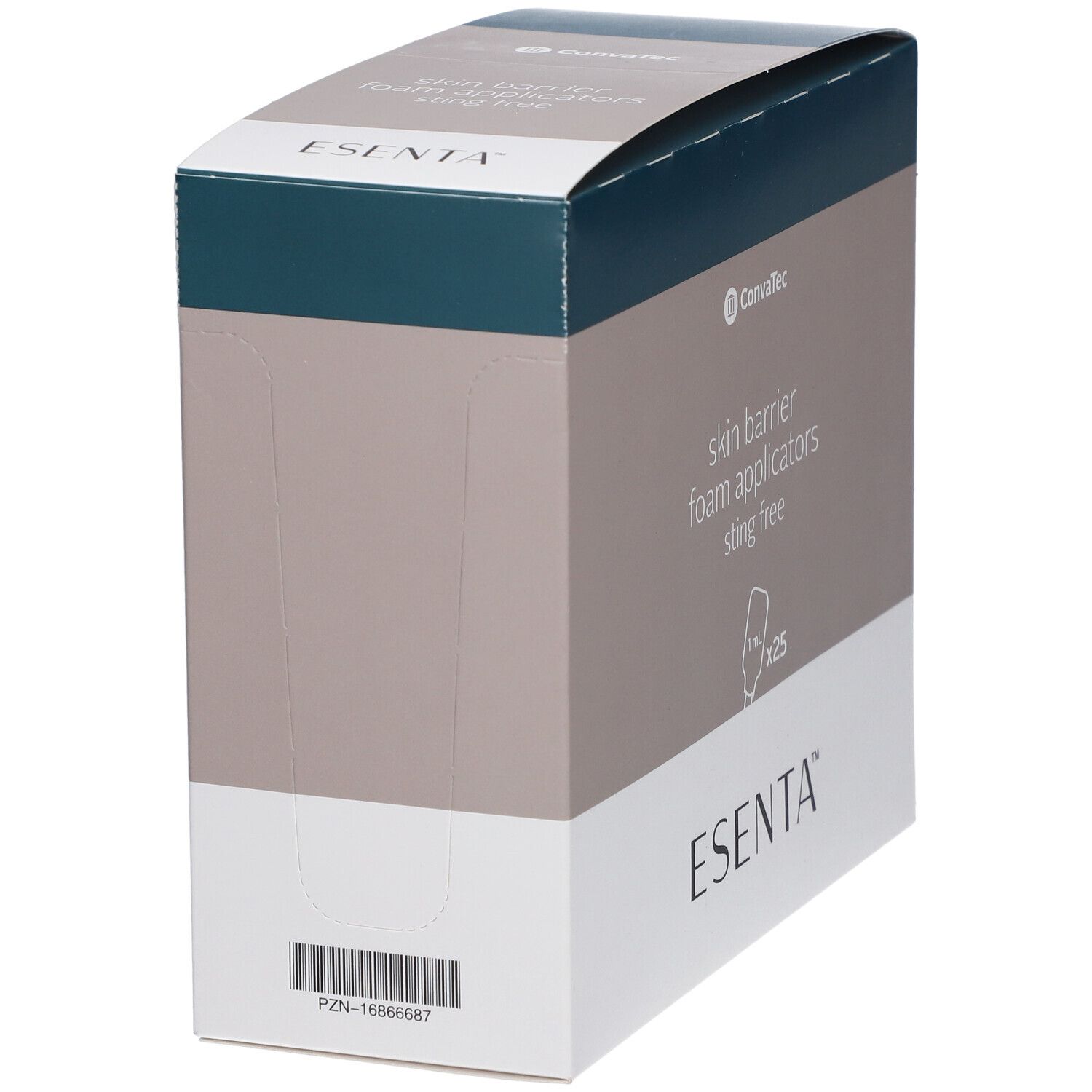 ESENTA-Box. Text: skin barrier foam applicators sting free. Marke Convatec. Enthält 25 Applikatoren.