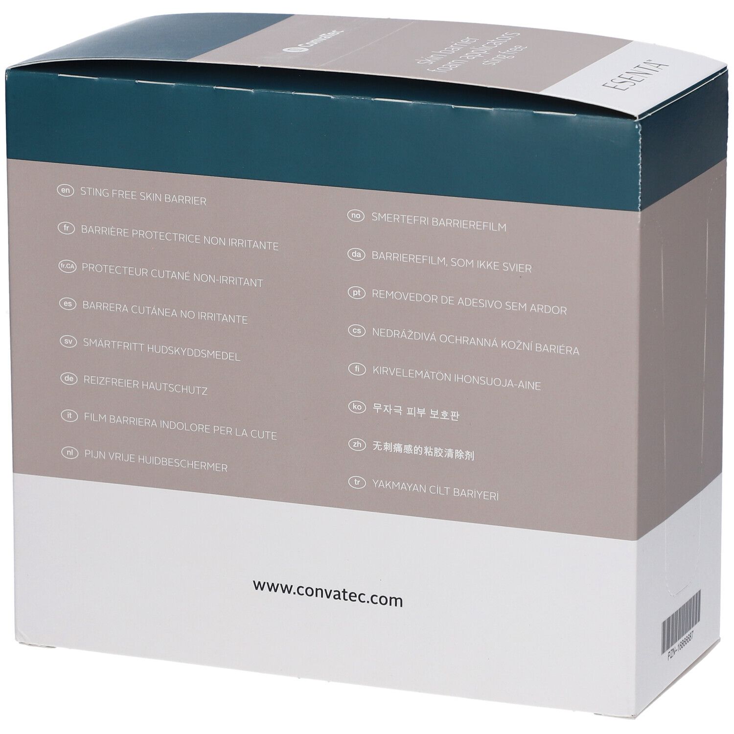ESENTA-Box mit Texten in mehreren Sprachen. Marke Convatec. Enthält Informationen über Hautschutz.
