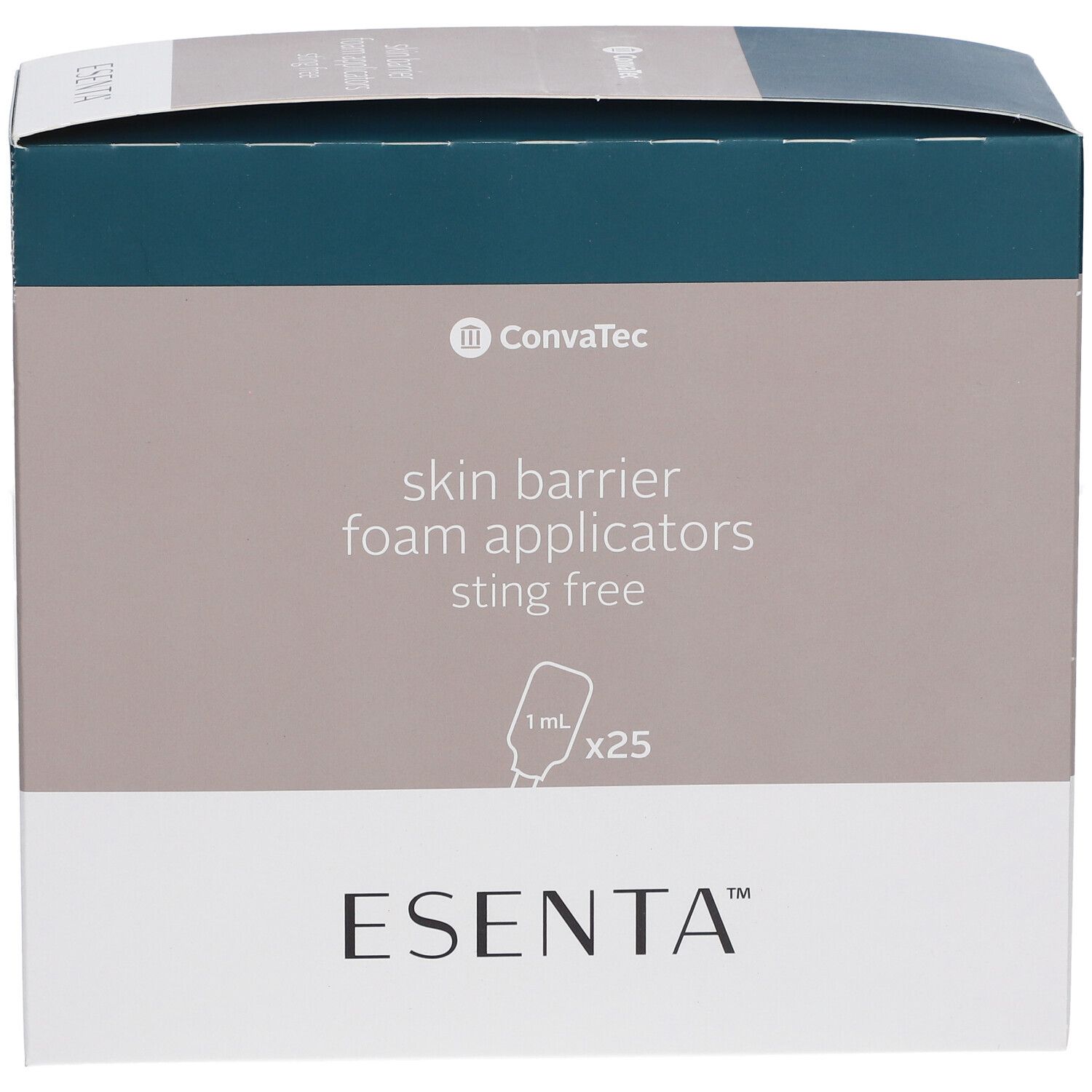 ESENTA Hautschutz Applikator-Box. Enthält 25 Applikatoren. Text: skin barrier foam applicators sting free.
