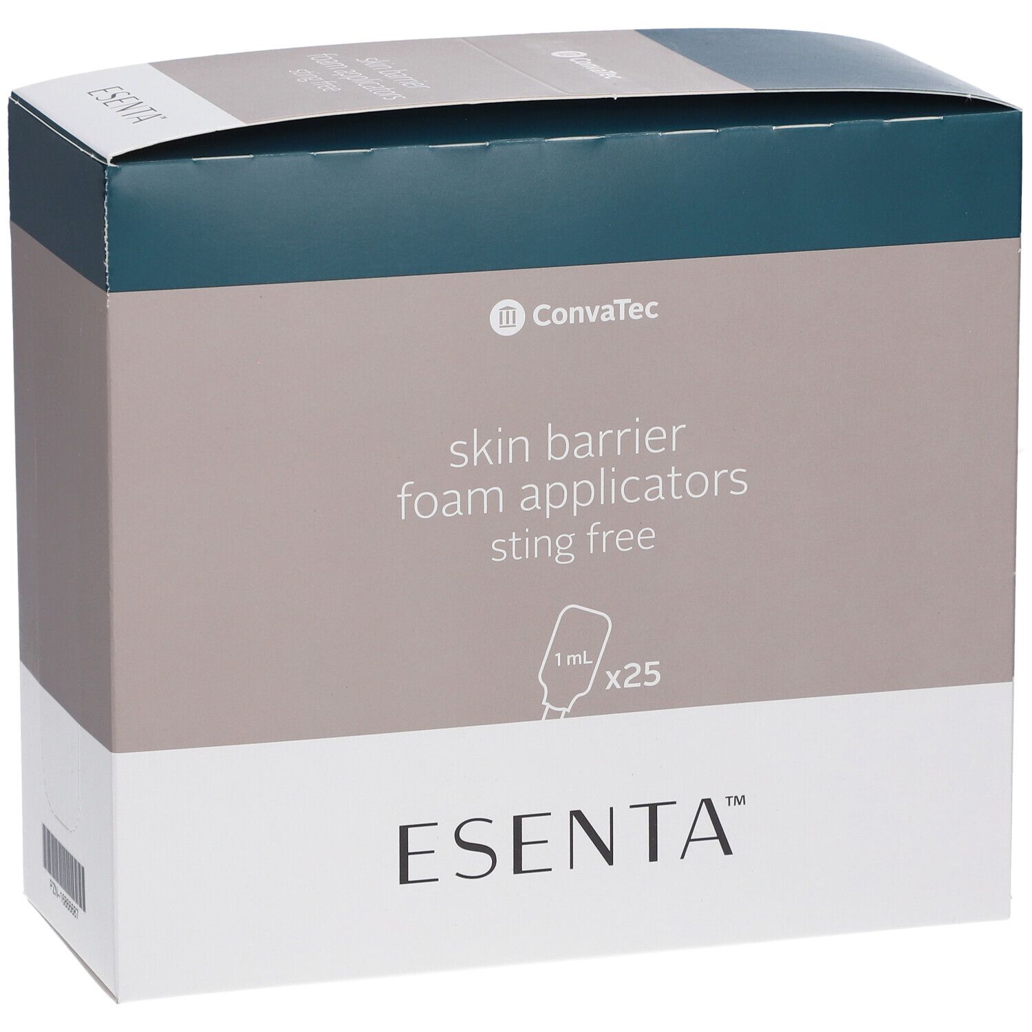 ESENTA Hautschutz Applikator-Box. Enthält 25 Applikatoren. Text: skin barrier foam applicators sting free.