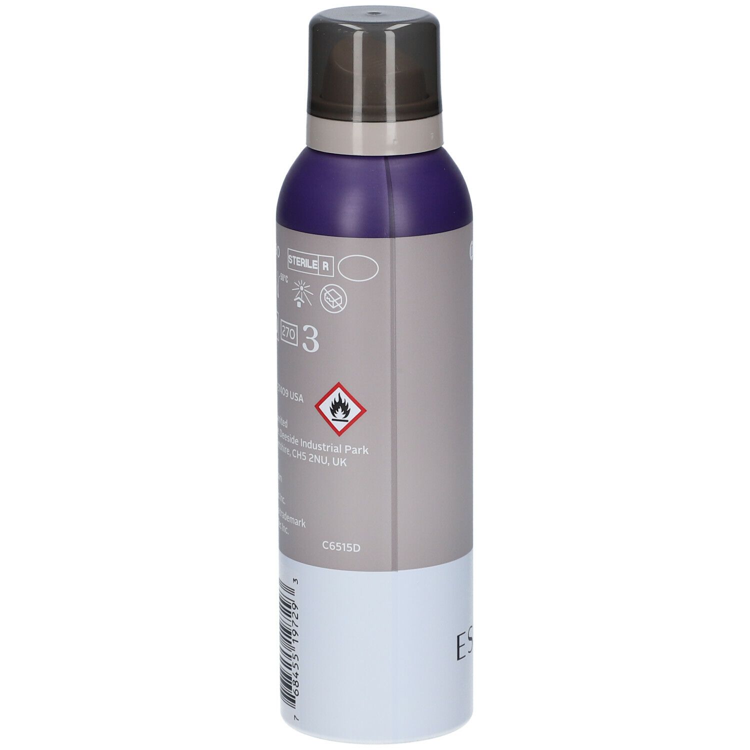 ESENTA™ Sprayflasche. Rückseite mit Text und Symbolen. Beschriftung: sterile R, CE, MD, 2797, Warnhinweis, barcode.