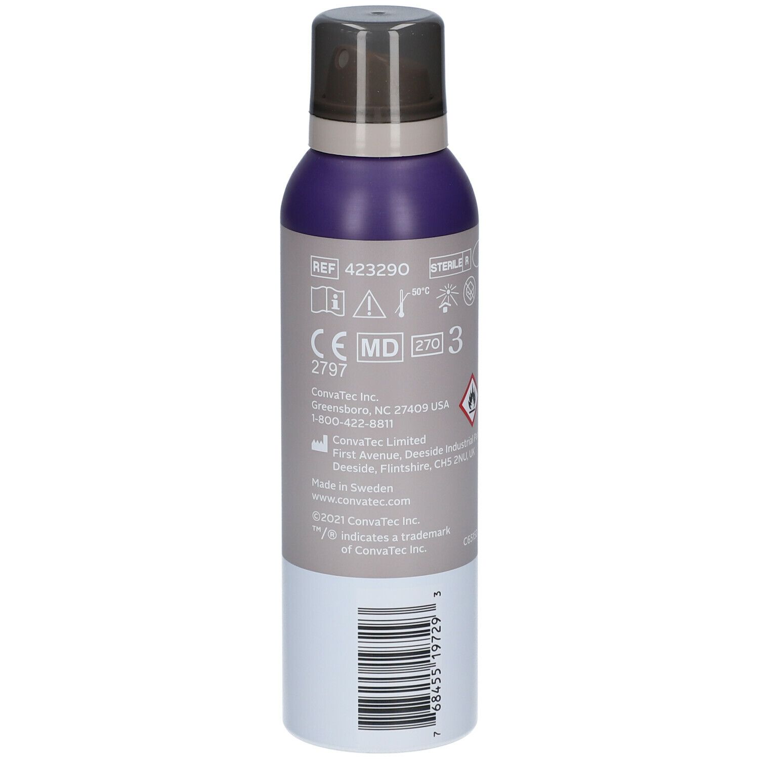 ESENTA™ Sprayflasche. Rückseite mit Text und Symbolen. Beschriftung: REF 423290, CE, MD, 2797, Warnhinweis, barcode.