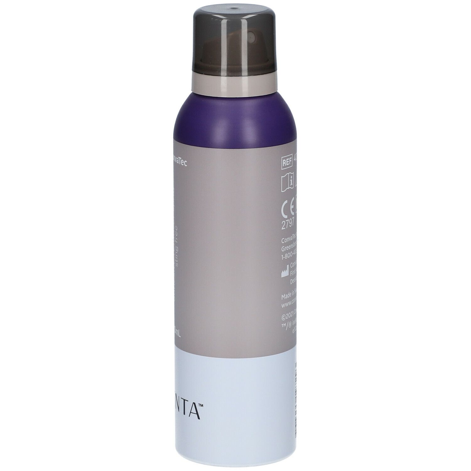 ESENTA™ Sprayflasche. Rückseite mit Text und Symbolen. Beschriftung: CE, MD, 2797, Warnhinweis, barcode.