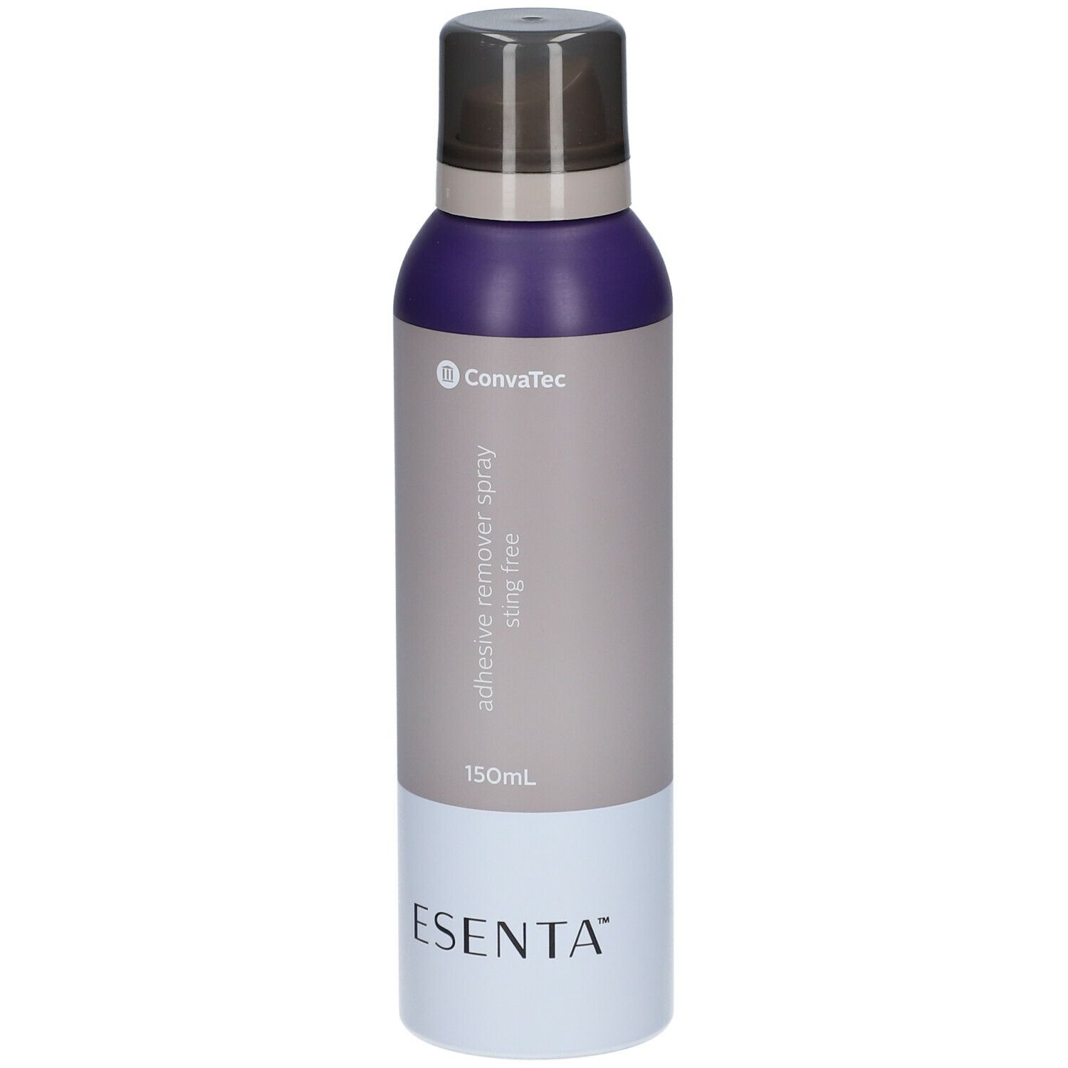 ESENTA™ Sprayflasche. Violett, grau und weiß. Mit Sprühkopf. Beschriftung: adhesive remover spray sting free, 150ml.