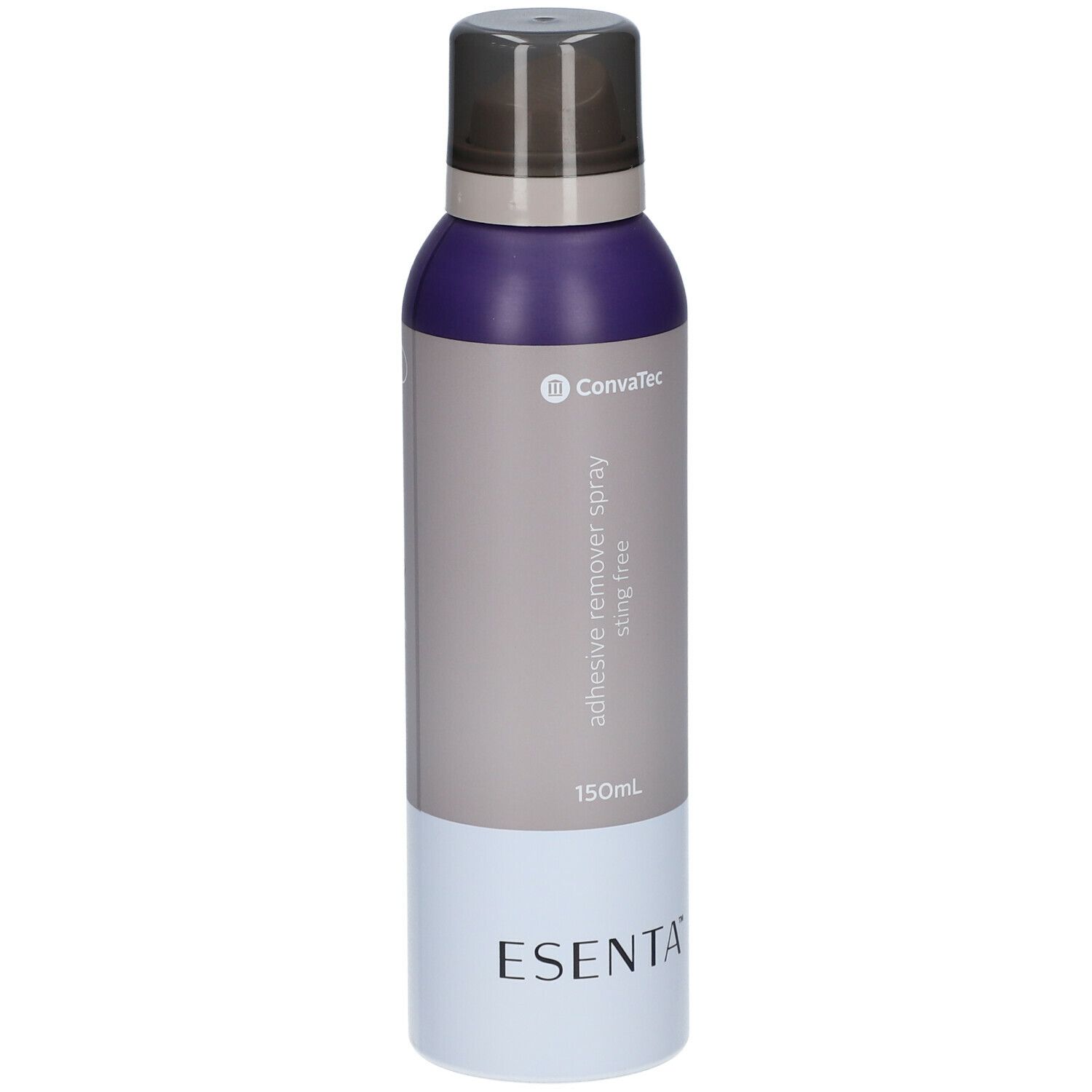ESENTA™ Sprayflasche. Violett, grau und weiß. Mit Sprühkopf. Beschriftung: adhesive remover spray sting free, 150ml.