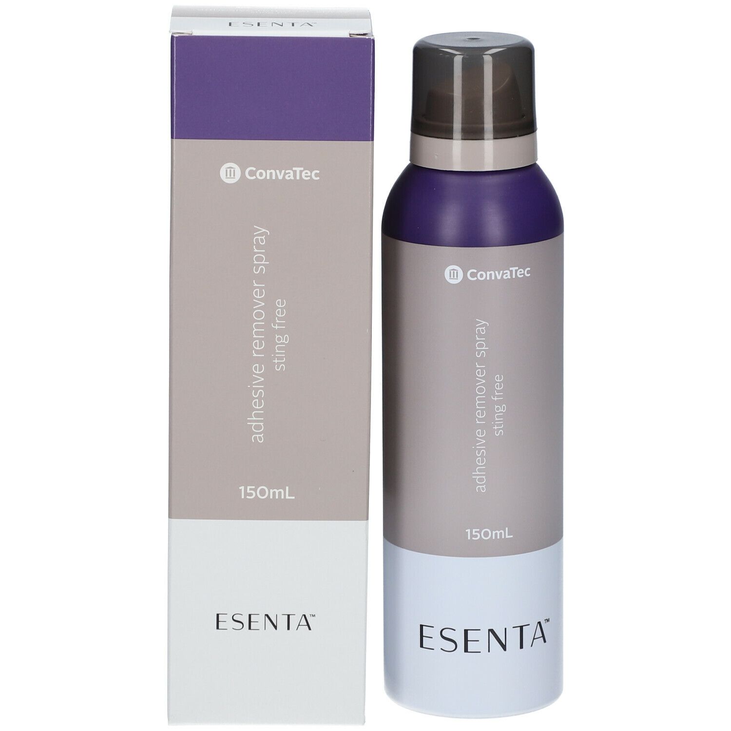 ESENTA™ Sprayflasche und Verpackung. Violett, grau und weiß. Beschriftung: adhesive remover spray sting free, 150ml.