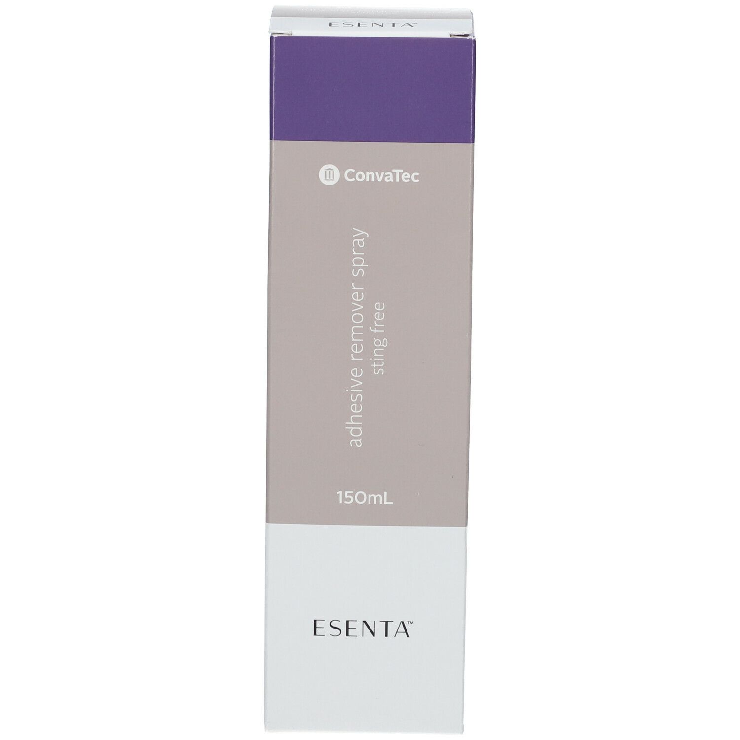 ESENTA™ Verpackung. Violett, grau und weiß. Beschriftung: adhesive remover spray sting free, 150ml.