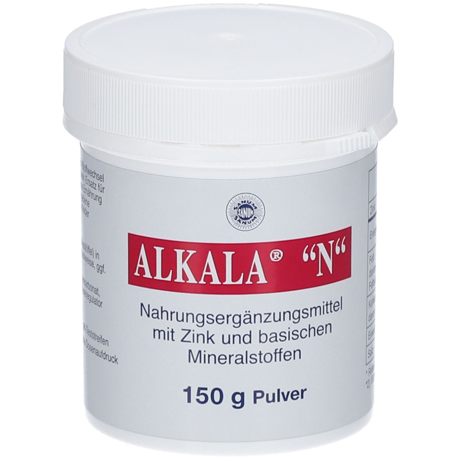 Weiße Dose ALKALA® "N" mit roter Schrift. Nahrungsergänzungsmittel mit Zink und Mineralstoffen. 150 g Pulver.