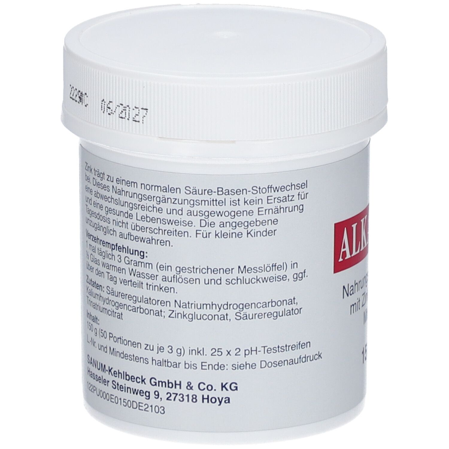 Weiße Dose ALKALA® "N". Rückseite mit Text. Nahrungsergänzungsmittel. Enthält 150 g Pulver. Mindestens haltbar bis Ende.