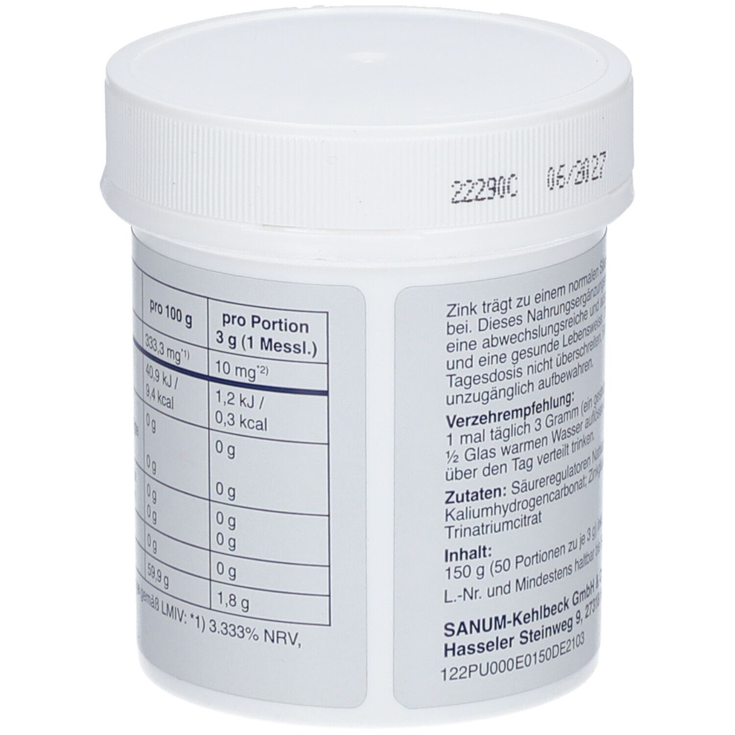 Weiße Dose ALKALA® "N". Rückseite mit Nährwertangaben pro 100g und pro Portion. 150 g Pulver. Mit Zink.