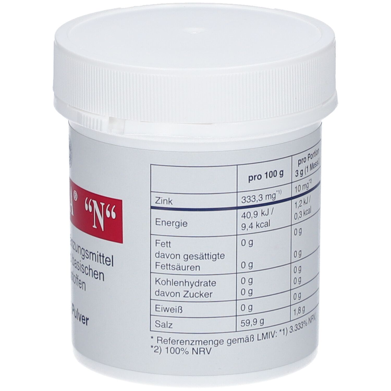 Weiße Dose ALKALA® "N". Rückseite mit Nährwertangaben. 150 g Pulver. Mit Zink. Energie, Fett, Kohlenhydrate, Eiweiß, Salz.