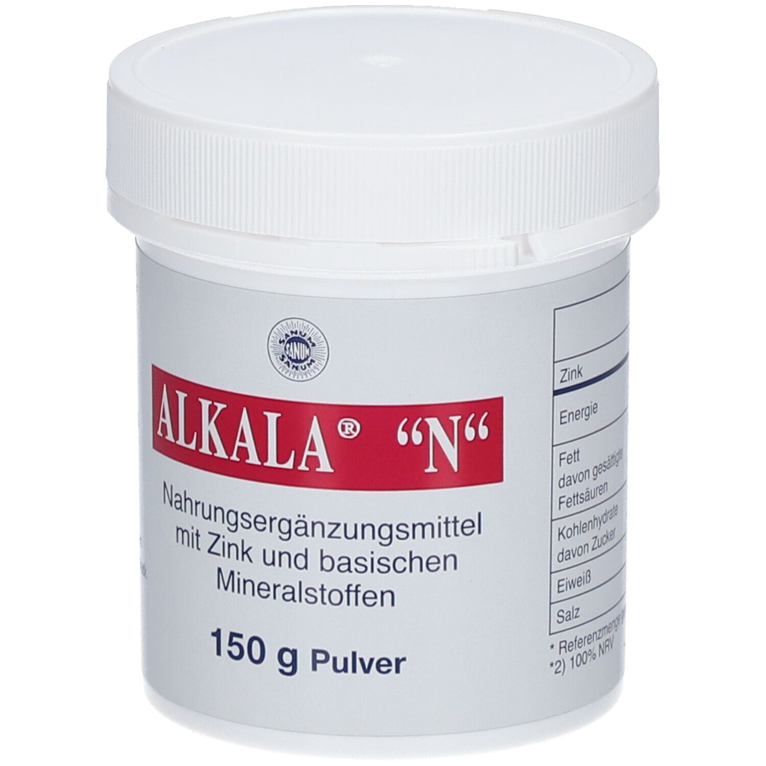 Weiße Dose ALKALA® "N" mit roter Schrift. Nahrungsergänzungsmittel mit Zink und Mineralstoffen. 150 g Pulver.