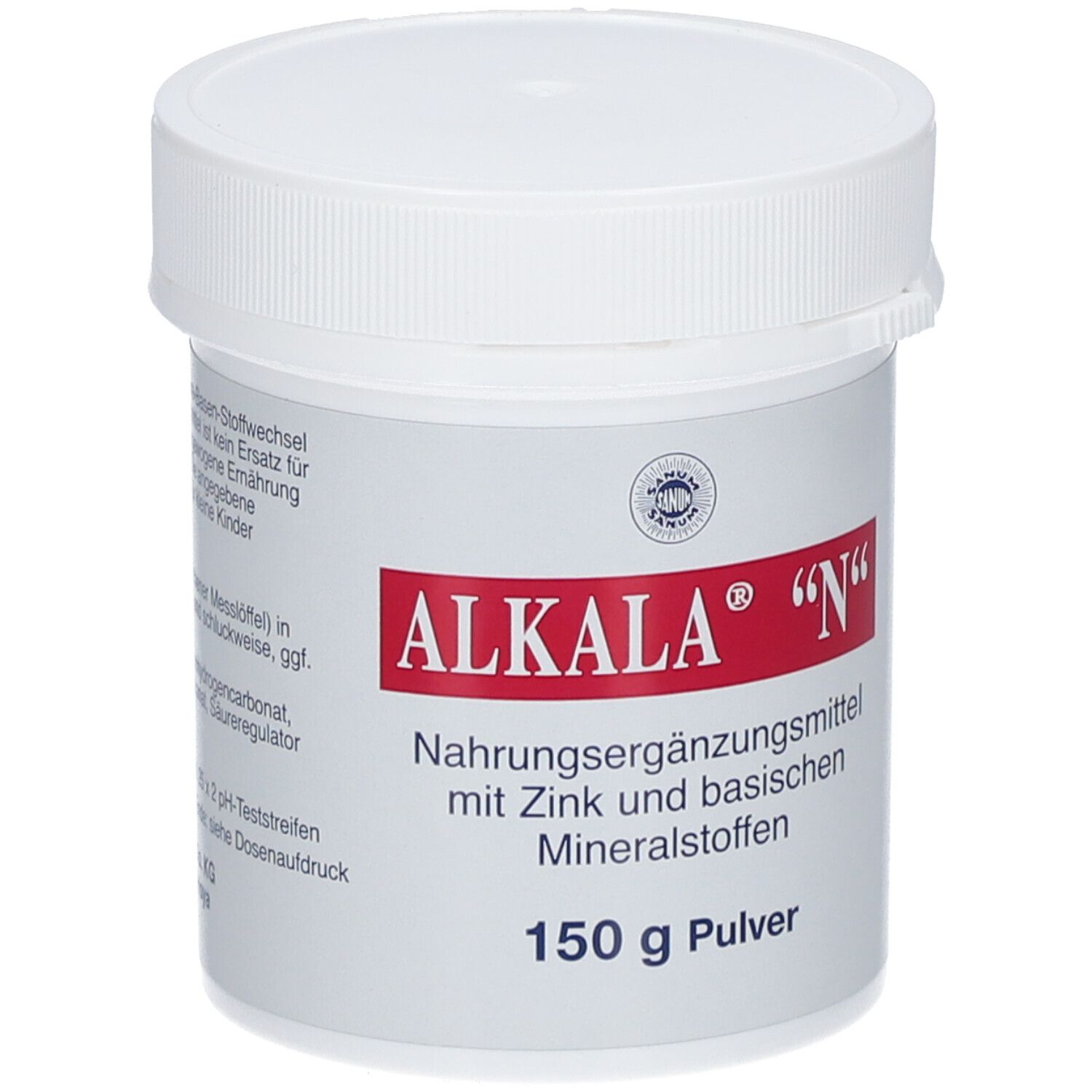 Weiße Dose ALKALA® "N" mit roter Schrift. Nahrungsergänzungsmittel mit Zink und Mineralstoffen. 150 g Pulver.