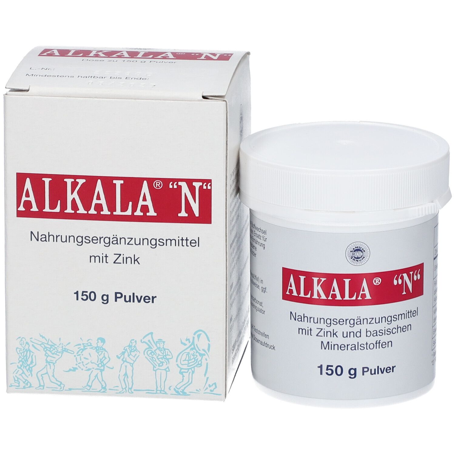 Weiße Dose und Schachtel ALKALA® "N". Nahrungsergänzungsmittel mit Zink. 150 g Pulver. Schachtel mit Illustration.