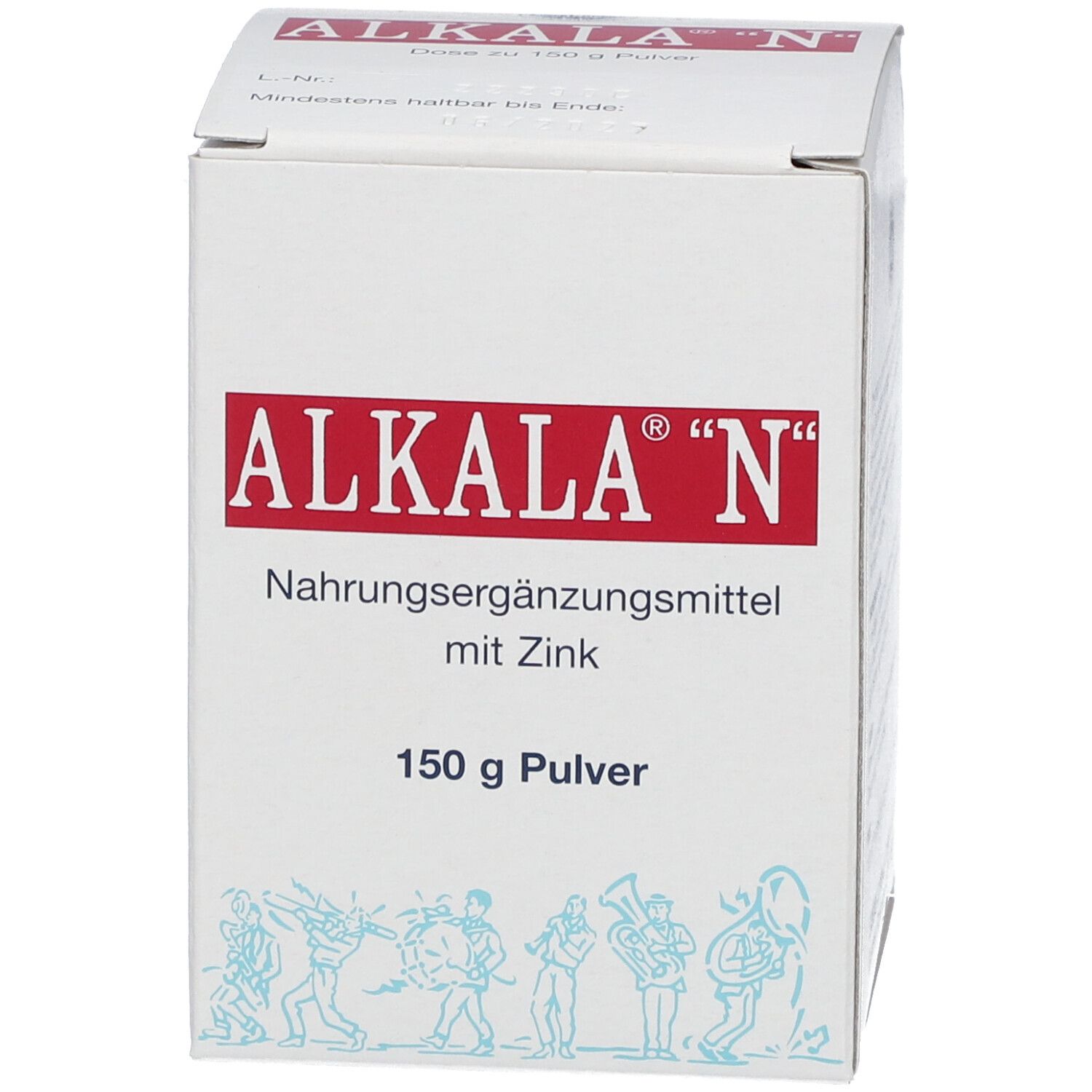Weiße Schachtel ALKALA® "N". Nahrungsergänzungsmittel mit Zink. 150 g Pulver. Illustration von Musikern.