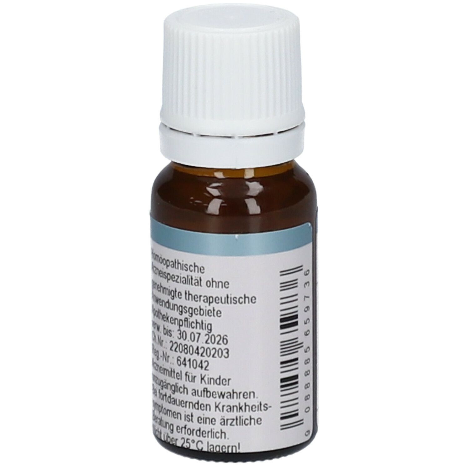 Braune Glasflasche mit weißem Deckel. Etikett mit Text. Homöopathisches Arzneimittel. Haltbarkeit bis 30.07.2026.