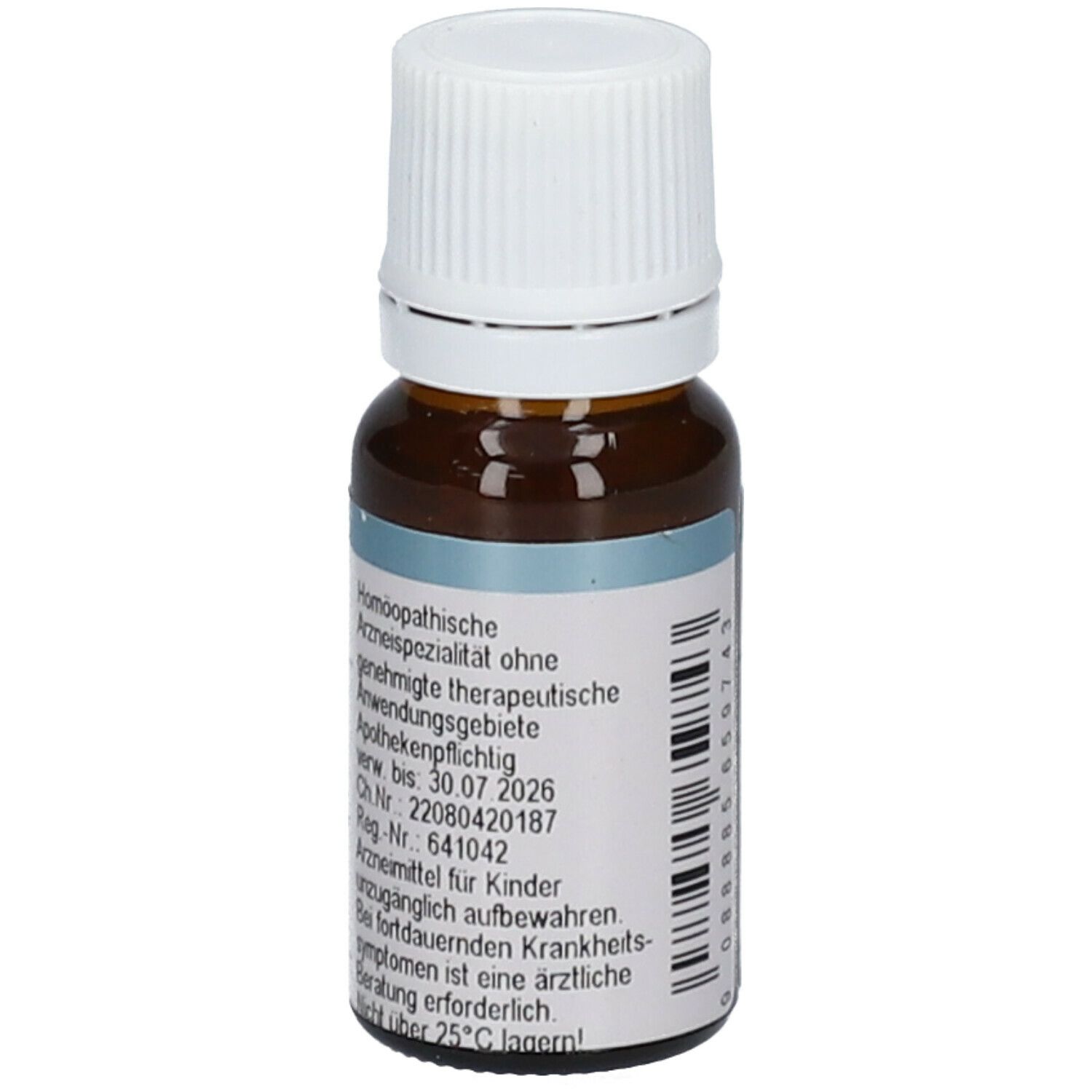 Braune Glasflasche mit weißem Deckel. Etikett mit Text. Homöopathisches Arzneimittel. Apothekenpflichtig.