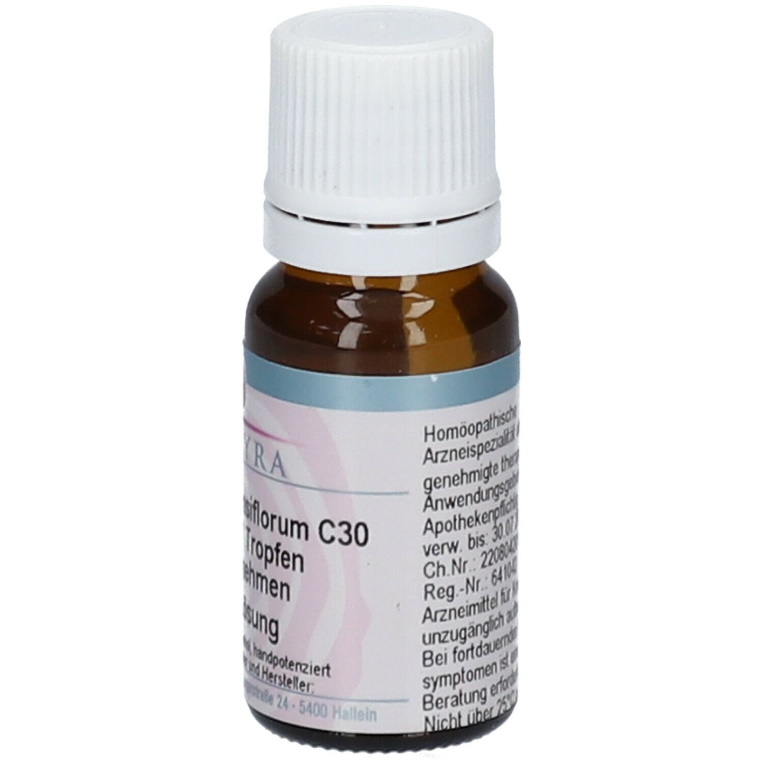 Braune Glasflasche mit weißem Deckel. Etikett mit Text. Homöopathisches Arzneimittel. SPAGYRA, Verbascum densiflorum C30.