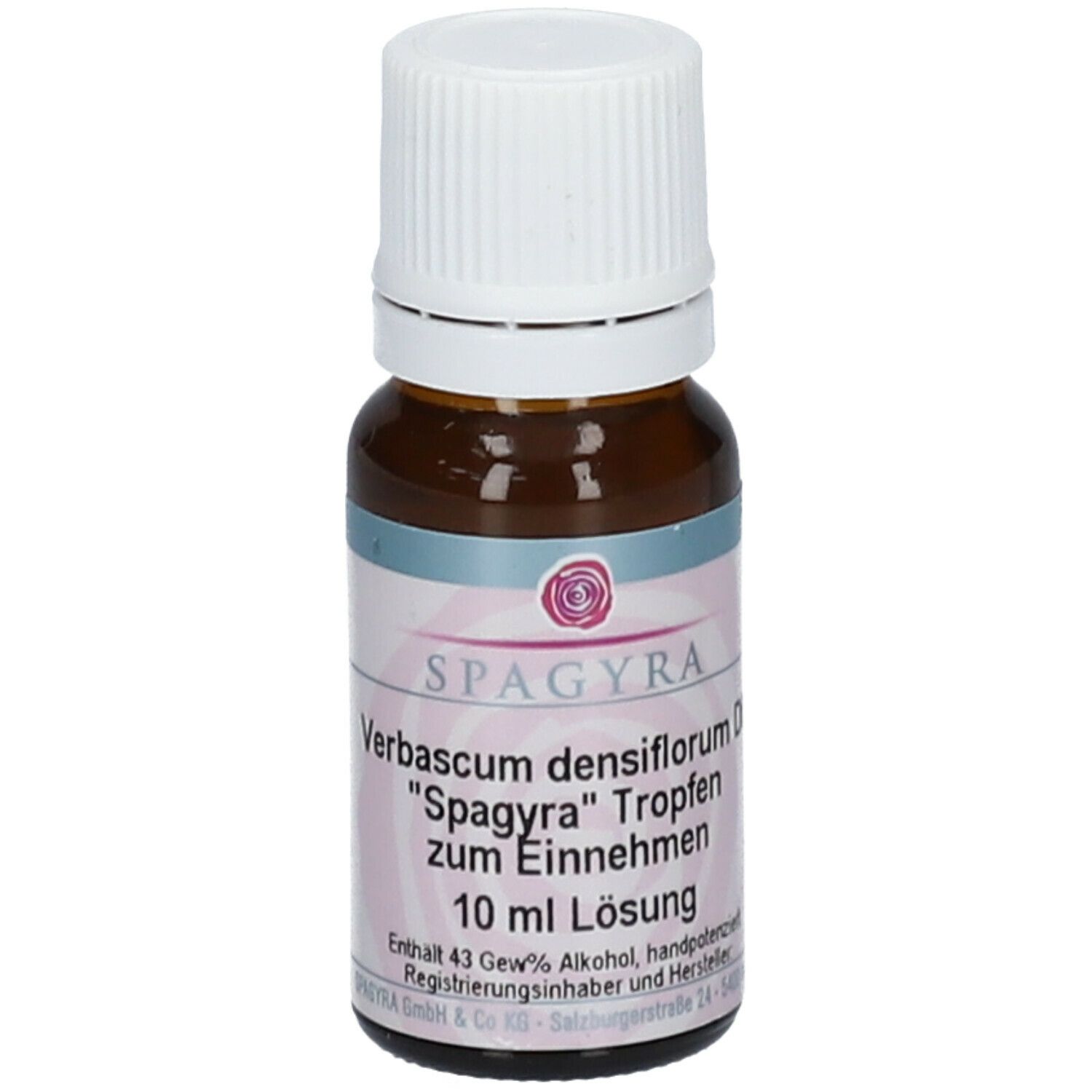 Braune Glasflasche mit weißem Deckel. Etikett mit Produktinformationen. SPAGYRA Verbascum densiflorum D6 Tropfen.