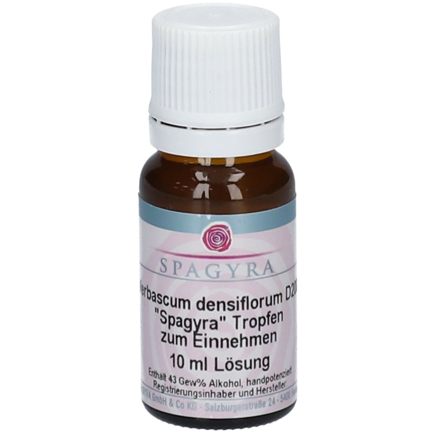 Braune Glasflasche mit weißem Deckel. Etikett mit Produktinformationen: SPAGYRA Verbascum densiflorum D200, 10 ml Lösung.
