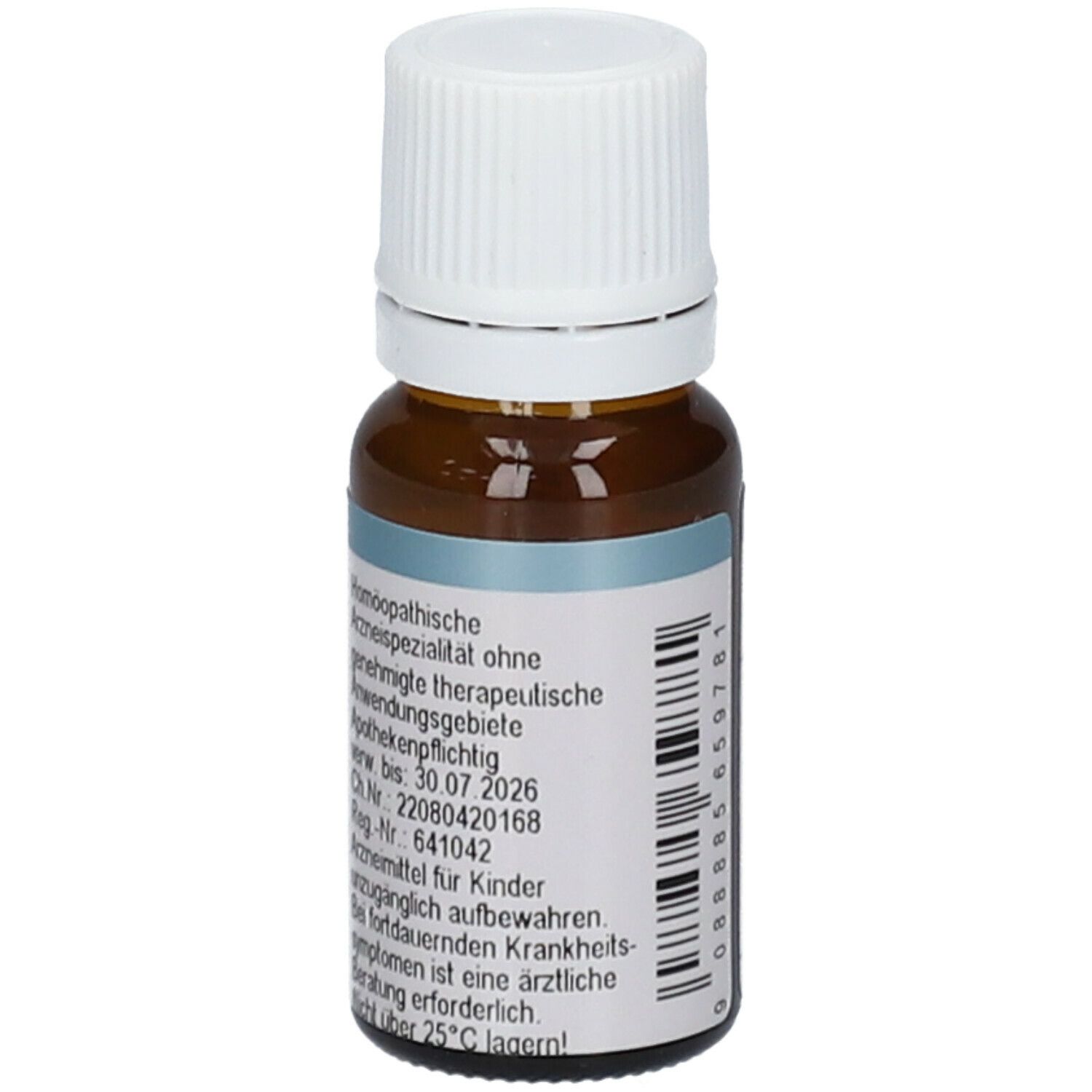 Braune Glasflasche mit weißem Deckel. Etikett mit Produktinformationen, Homöopathische Arzneispezialität. Verfallsdatum 30.07.2026.