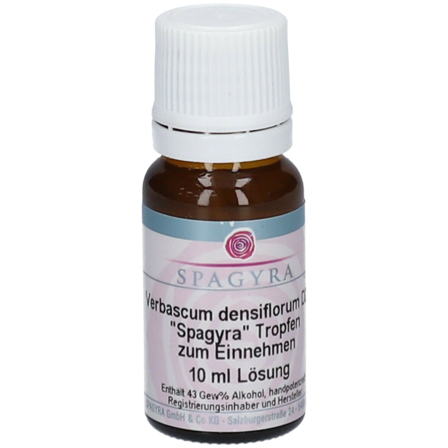 Braune Glasflasche mit weißem Deckel. Etikett mit Produktinformationen: SPAGYRA Verbascum densiflorum D200, 10 ml Lösung.