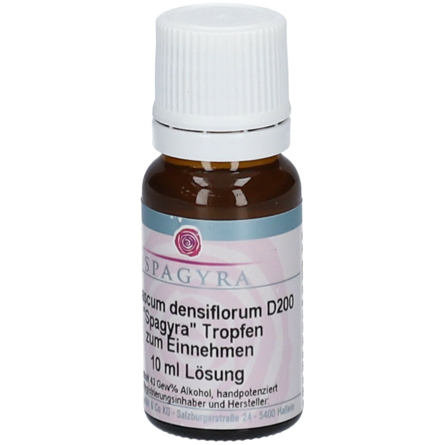 Braune Glasflasche mit weißem Deckel. Etikett mit Produktinformationen: SPAGYRA Verbascum densiflorum D200, 10 ml Lösung.