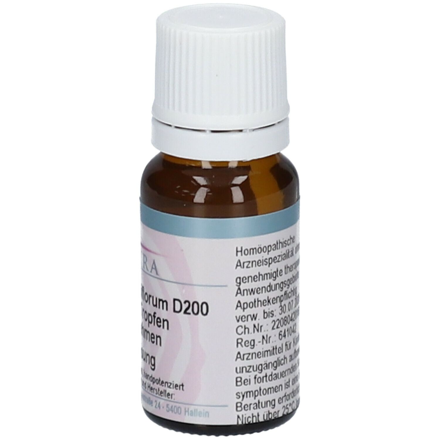 Braune Glasflasche mit weißem Deckel. Etikett mit Produktinformationen, Homöopathische Arzneispezialität. Apothekenpflichtig.