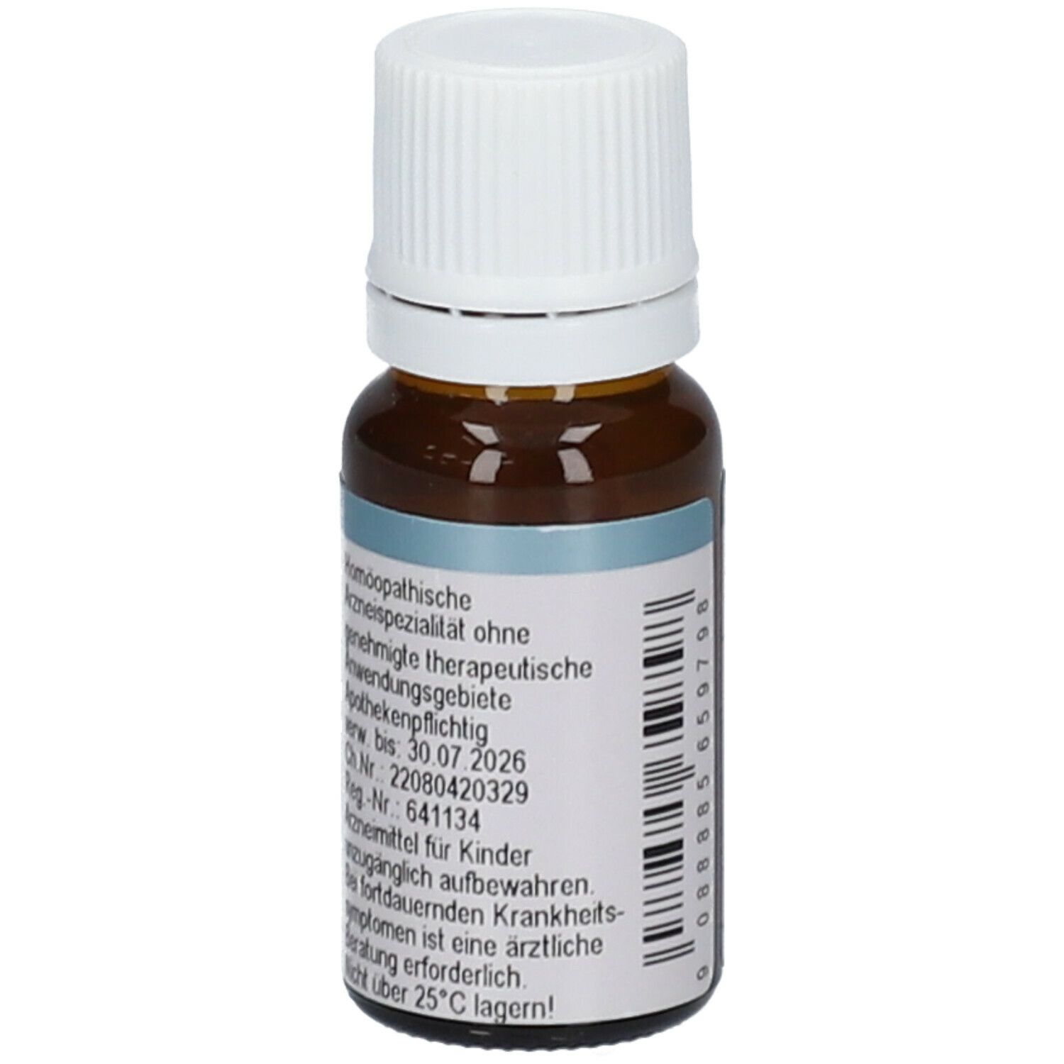 Braune Glasflasche mit weißem Schraubverschluss. Etikett mit Produktinformationen und Text. Homöopathisches Arzneimittel.
