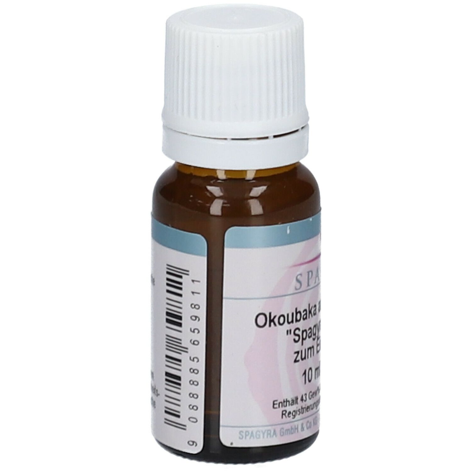 Braune Glasflasche mit weißem Verschluss. Etikett mit Barcode und Produktinformationen. 10 ml.