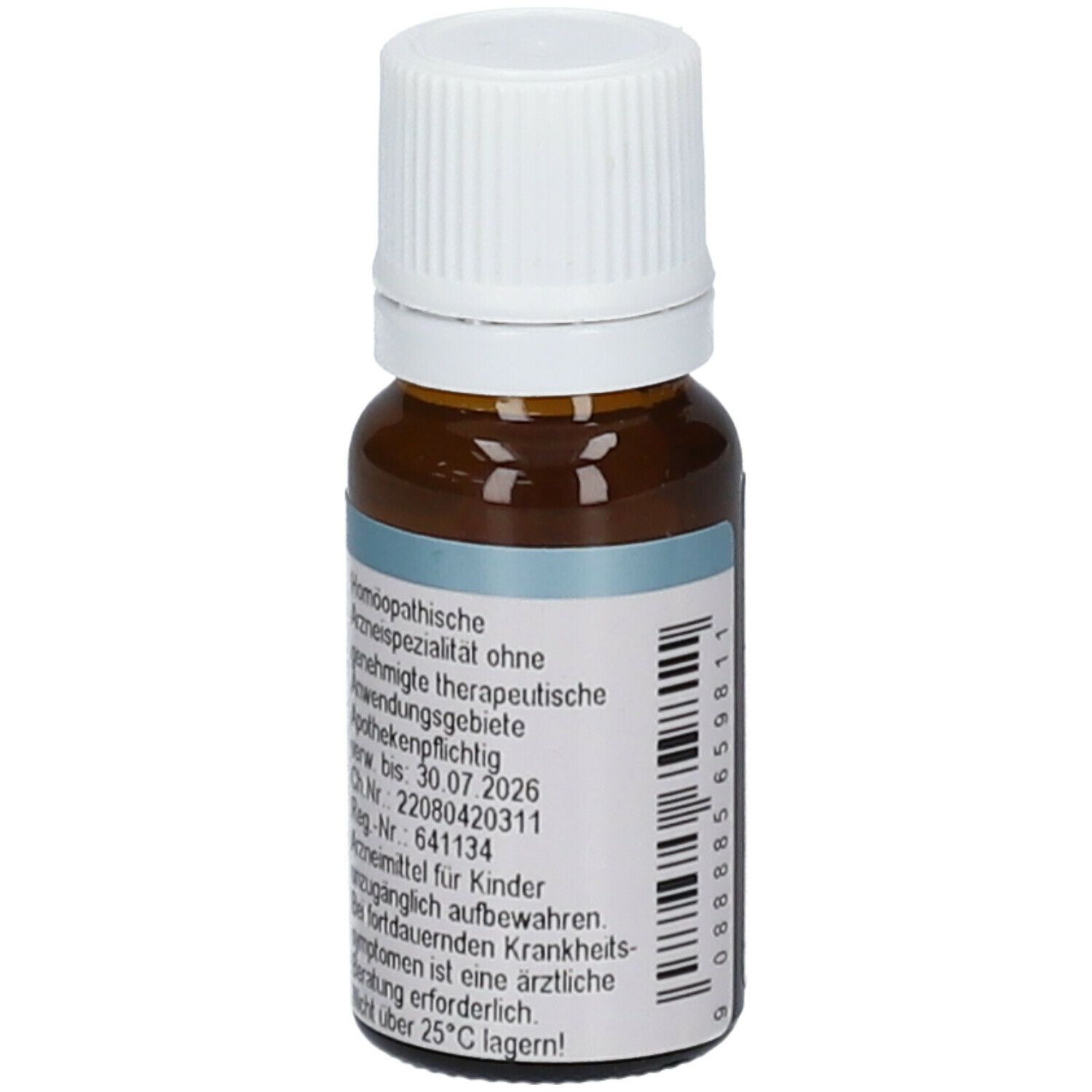 Braune Glasflasche mit weißem Verschluss. Etikett mit Produktinformationen und Barcode. 10 ml.