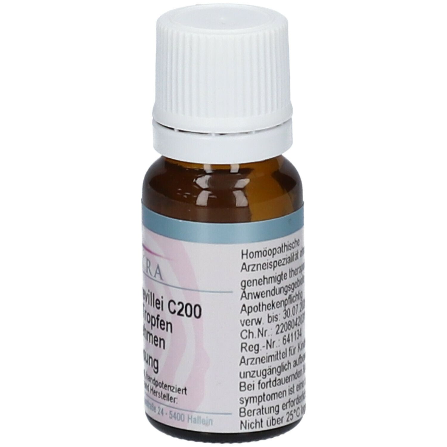 Braune Glasflasche mit weißem Verschluss. Etikett mit Produktinformationen und Logo. 10 ml.