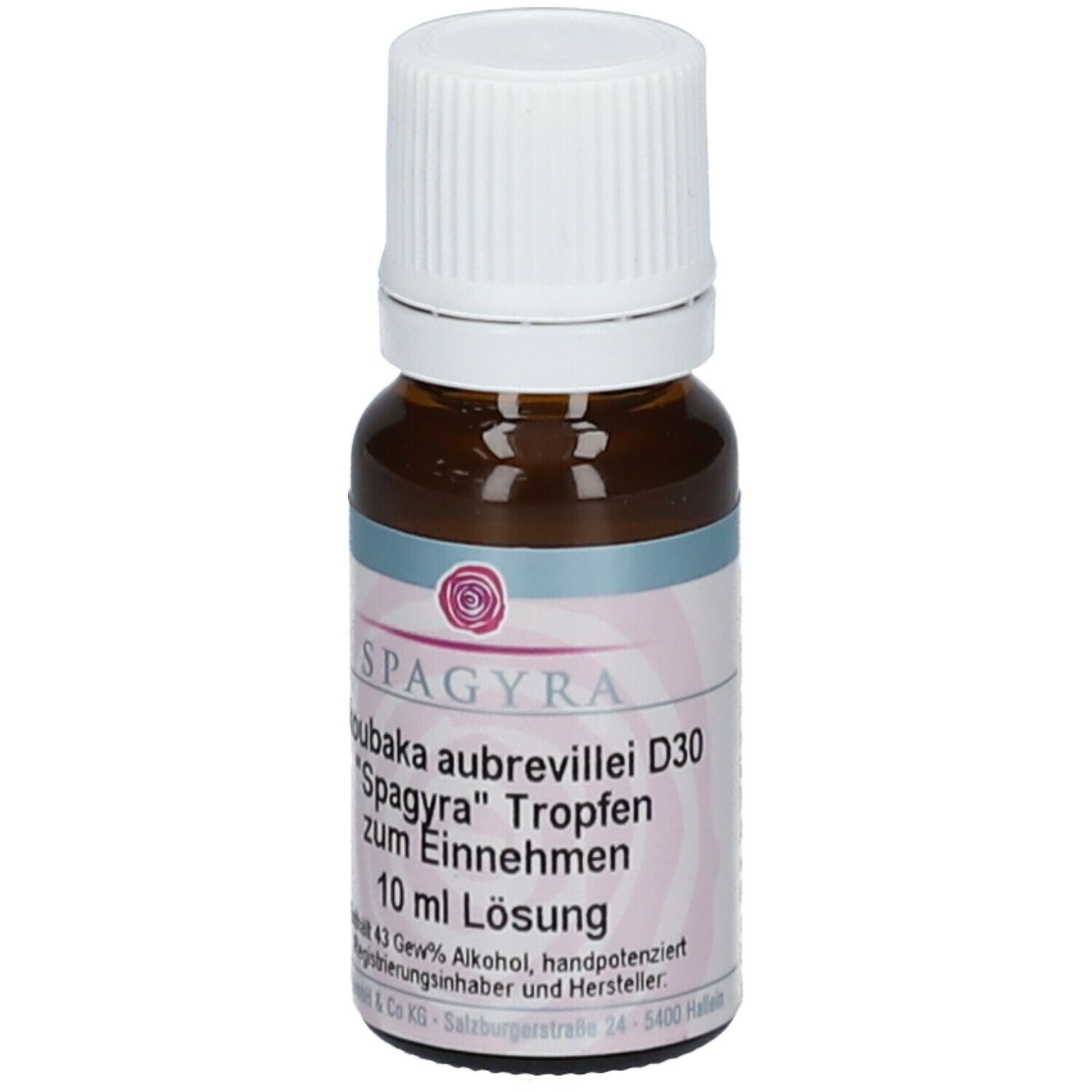 Braune Glasflasche mit weißem Verschluss. Etikett mit Produktnamen und 10 ml Lösung.