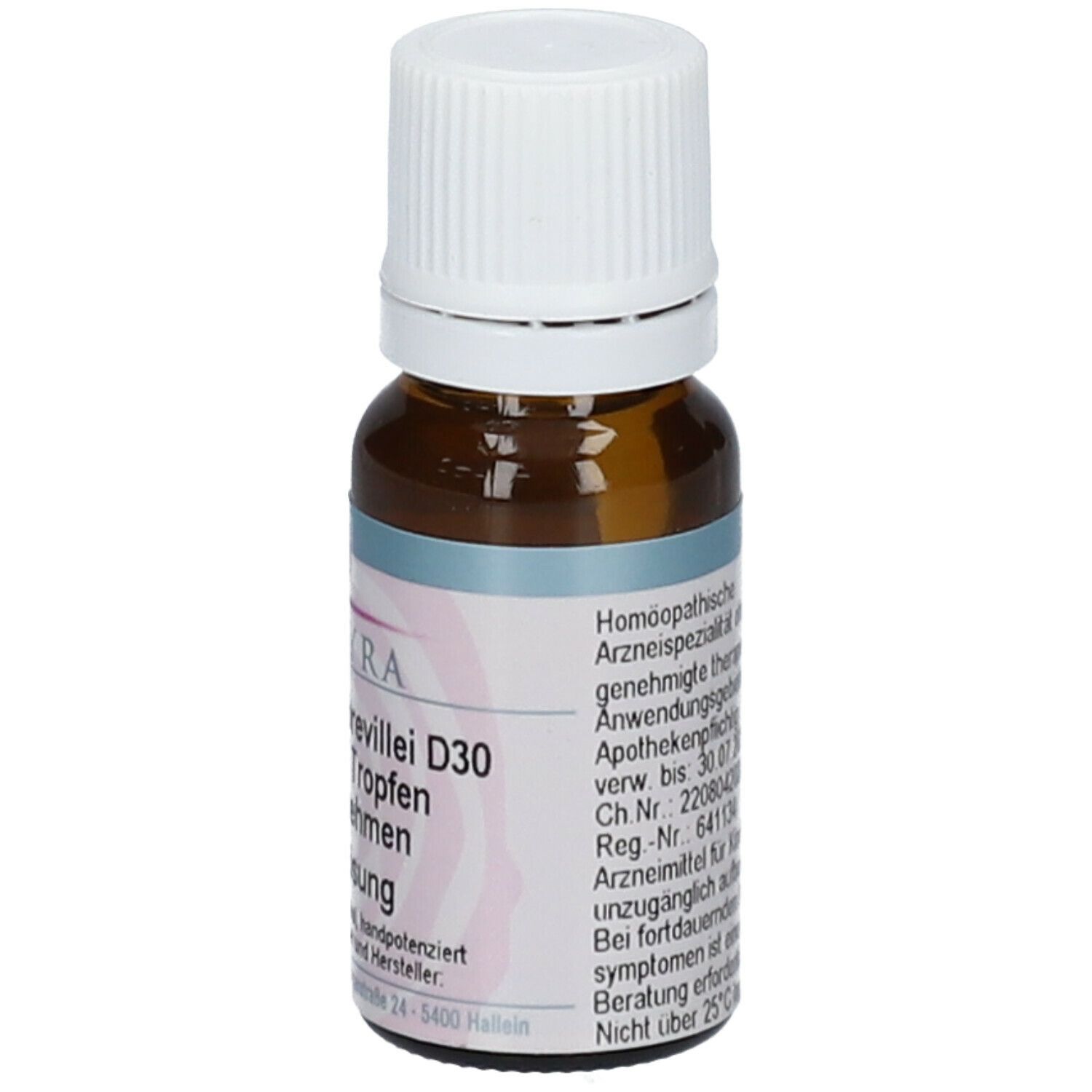 Braune Glasflasche mit weißem Verschluss. Etikett mit homöopathischen Informationen.