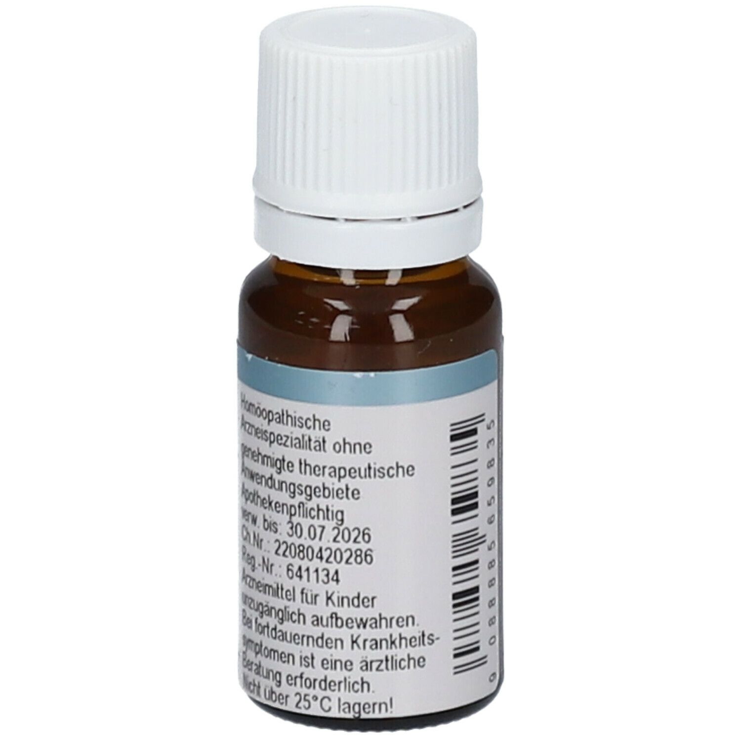 Braune Glasflasche mit weißem Deckel. Etikett mit Produktinformationen. Aufschrift: "Homöopathische Arzneispezialität".