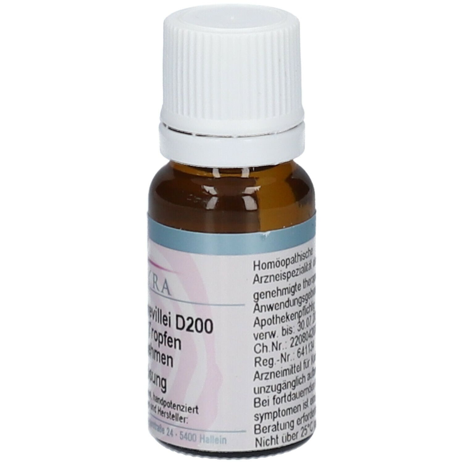 Braune Glasflasche mit weißem Deckel. Etikett mit Produktinformationen. Aufschrift: "Homöopathische Arzneispezialität".