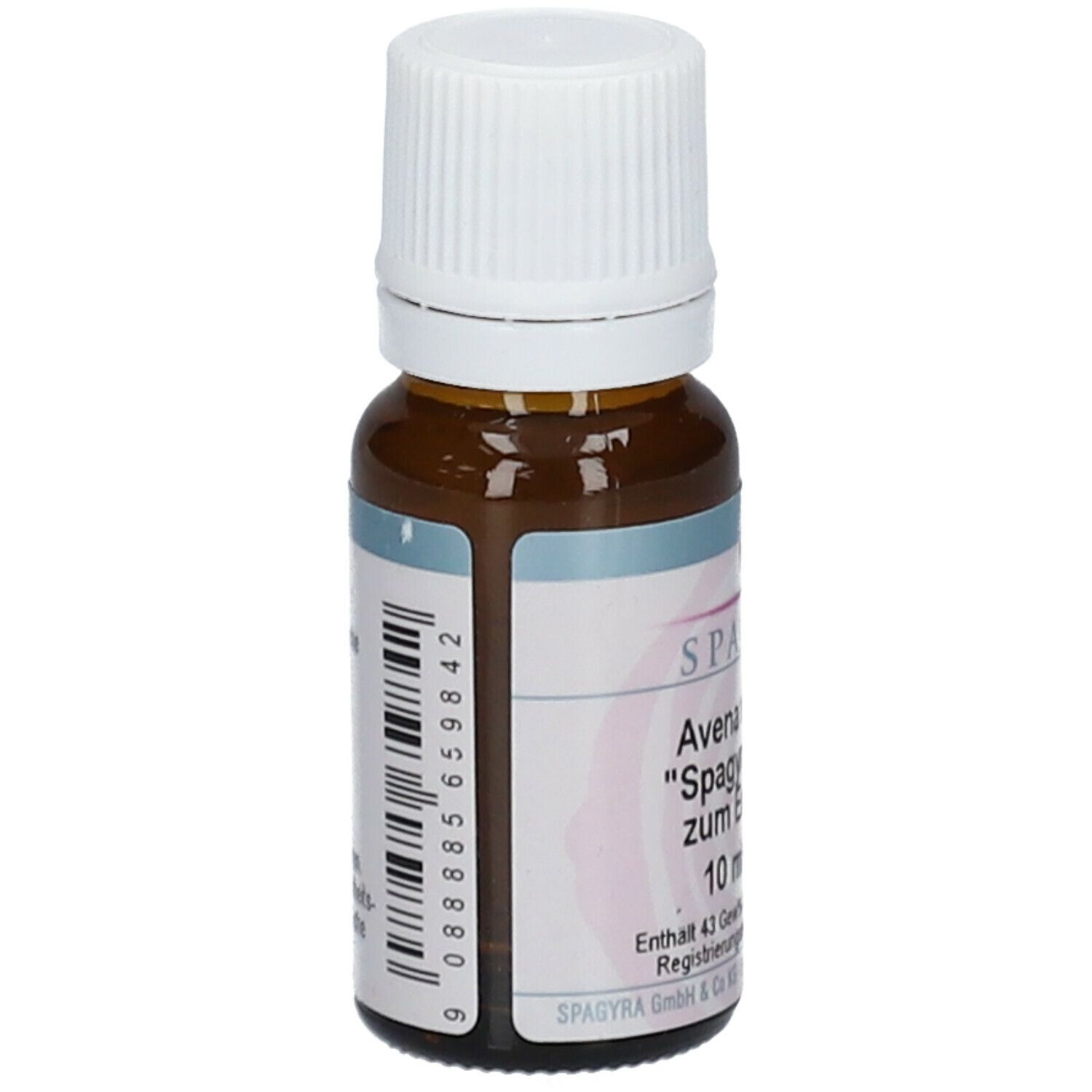 Braune Glasflasche mit weißem Verschluss. Etikett mit Barcode und Text. SPAGYRA, Avena sativa C12 Tropfen, 10 ml Lösung.