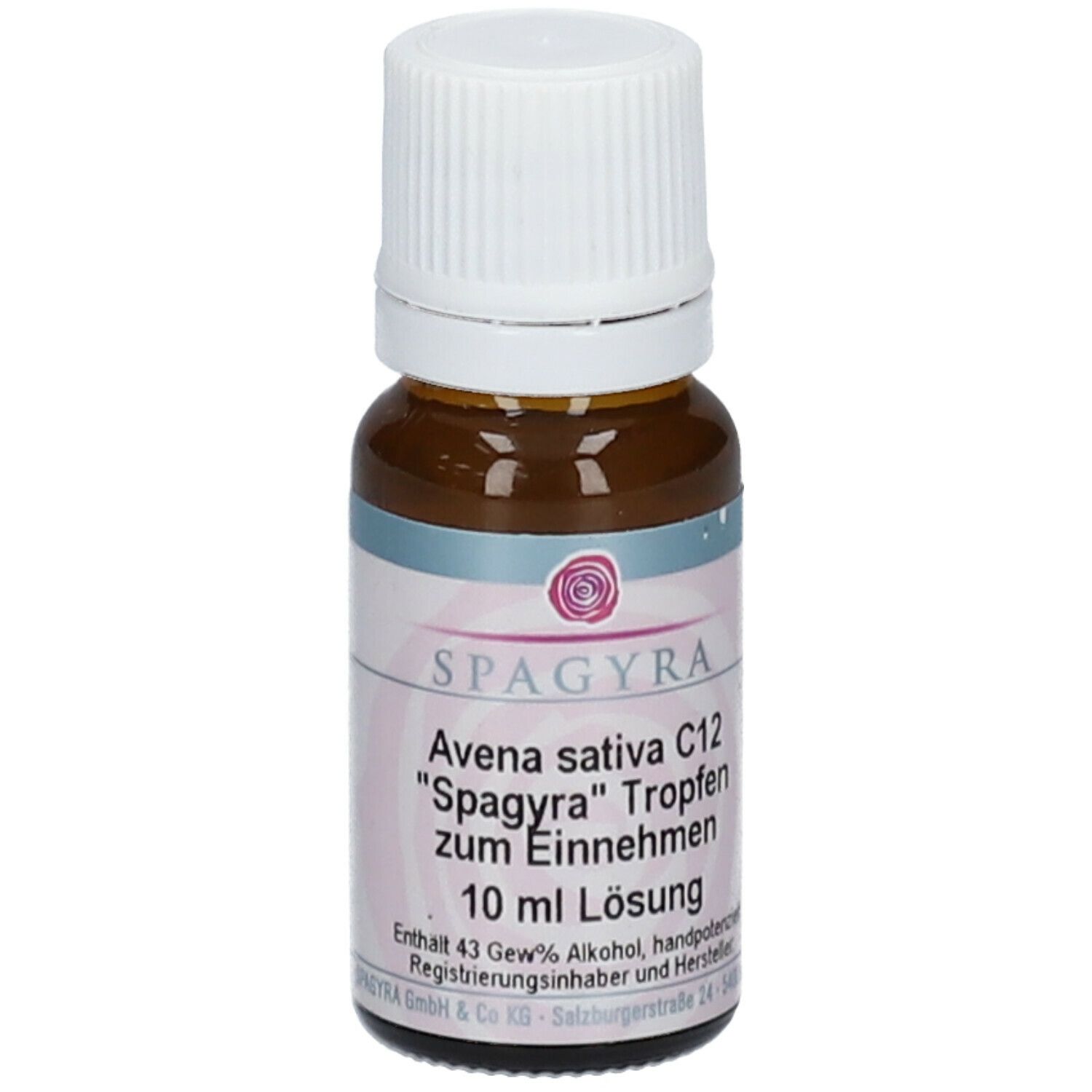 Braune Glasflasche mit weißem Verschluss. Etikett mit SPAGYRA, Avena sativa C12 Tropfen, 10 ml Lösung. Enthält Alkohol.