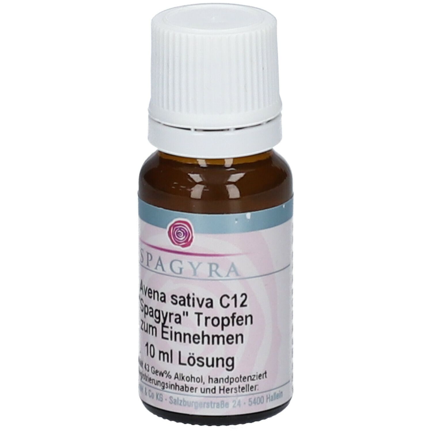 Braune Glasflasche mit weißem Verschluss. Etikett mit SPAGYRA, Avena sativa C12 Tropfen, 10 ml Lösung. Enthält Alkohol.