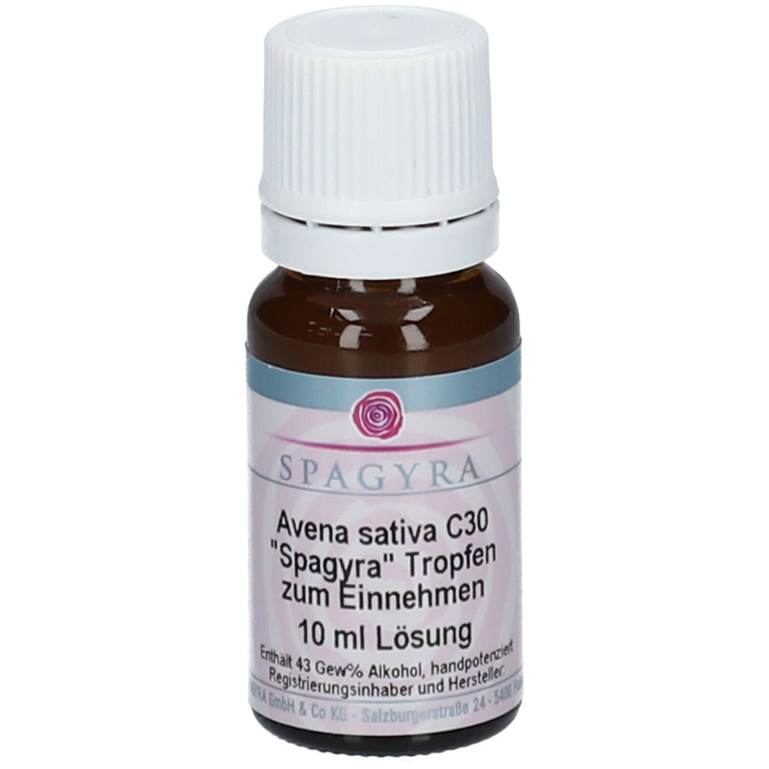 Braune Glasflasche mit weißem Schraubverschluss. Etikett mit Produktnamen SPAGYRA Avena sativa C30, Tropfen. 10 ml Lösung.