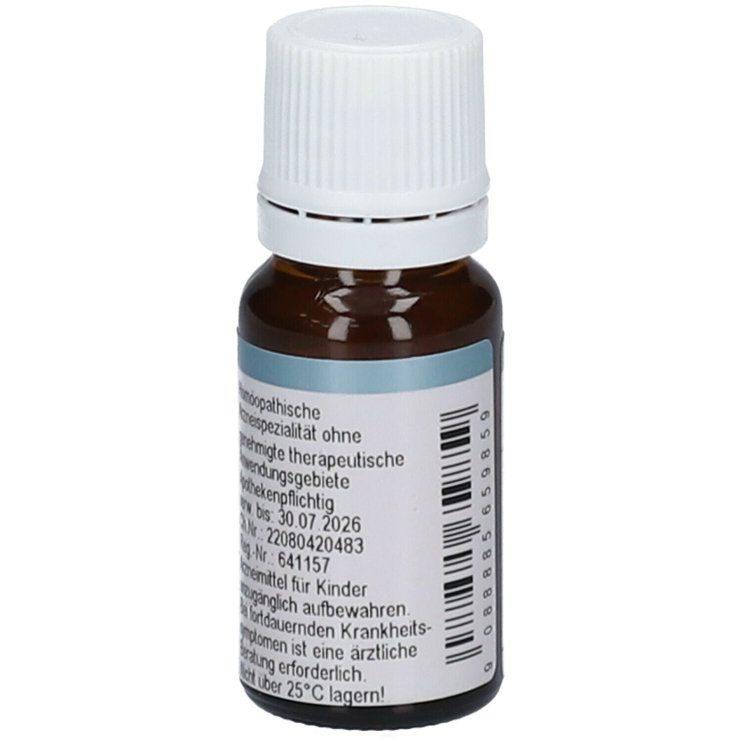 Braune Glasflasche mit weißem Schraubverschluss. Etikett mit Produktinformationen, Barcode und Verfallsdatum. Homöopathisches Arzneimittel.
